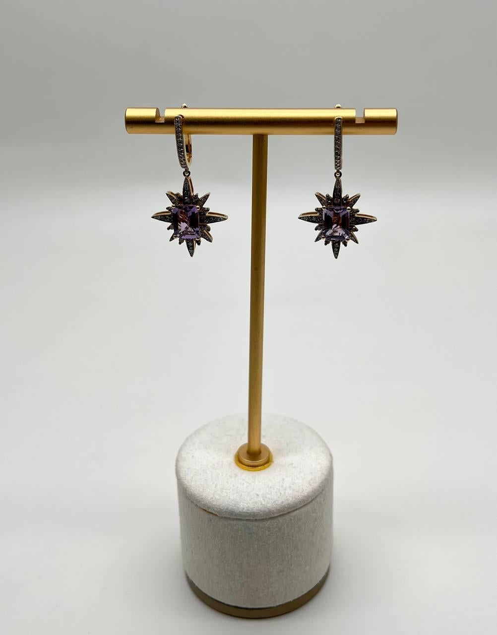 Starburst Symbol Purple Amethyst White Diamonds 14K Yellow Gold Drop Earrings For Sale 1