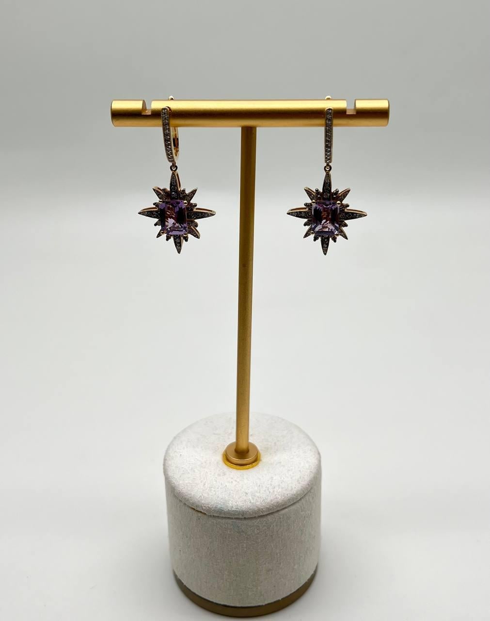 Starburst Symbol Purple Amethyst White Diamonds 14K Yellow Gold Drop Earrings For Sale 3