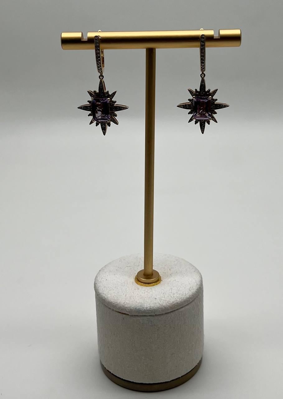 Starburst Symbol Purple Amethyst White Diamonds 14K Yellow Gold Drop Earrings For Sale 4