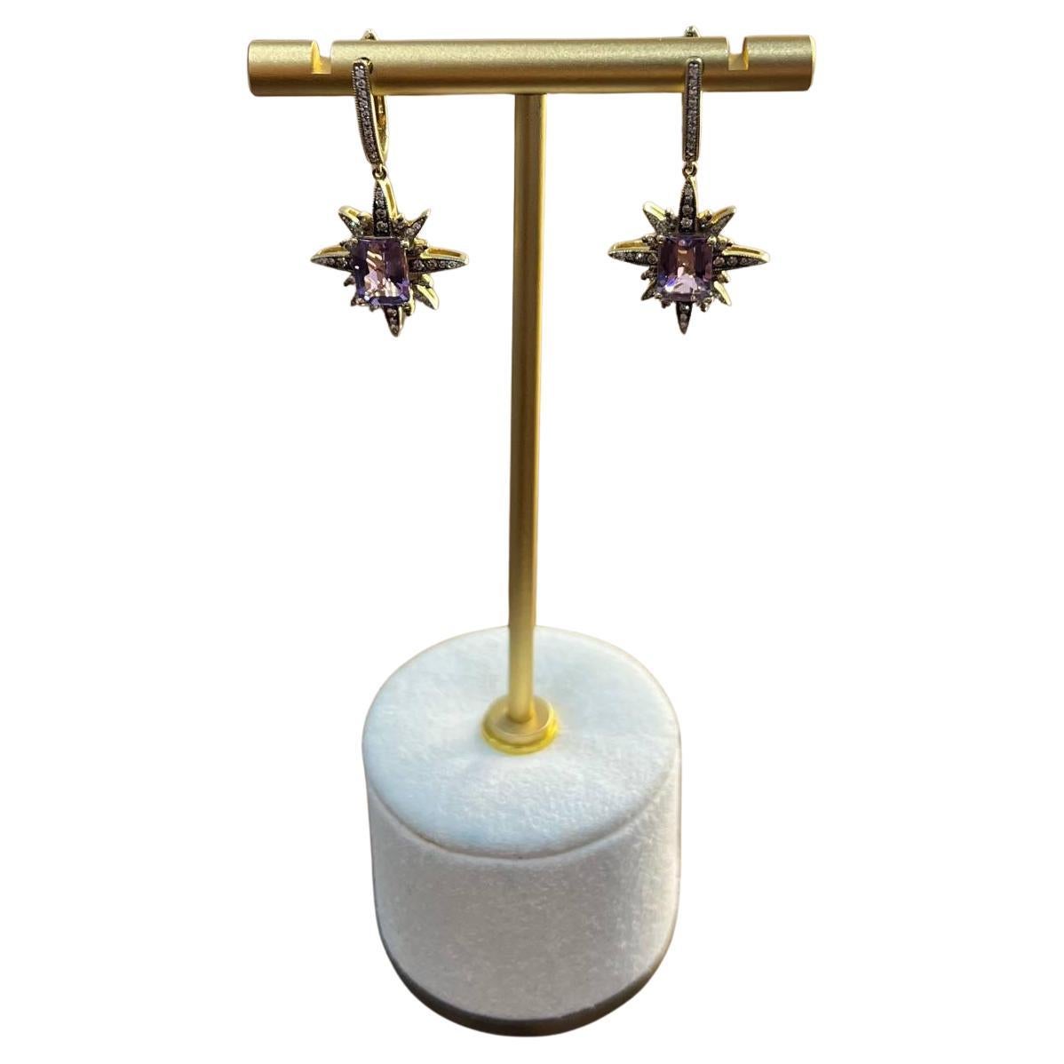 Starburst Symbol Purple Amethyst White Diamonds 14K Yellow Gold Drop Earrings For Sale