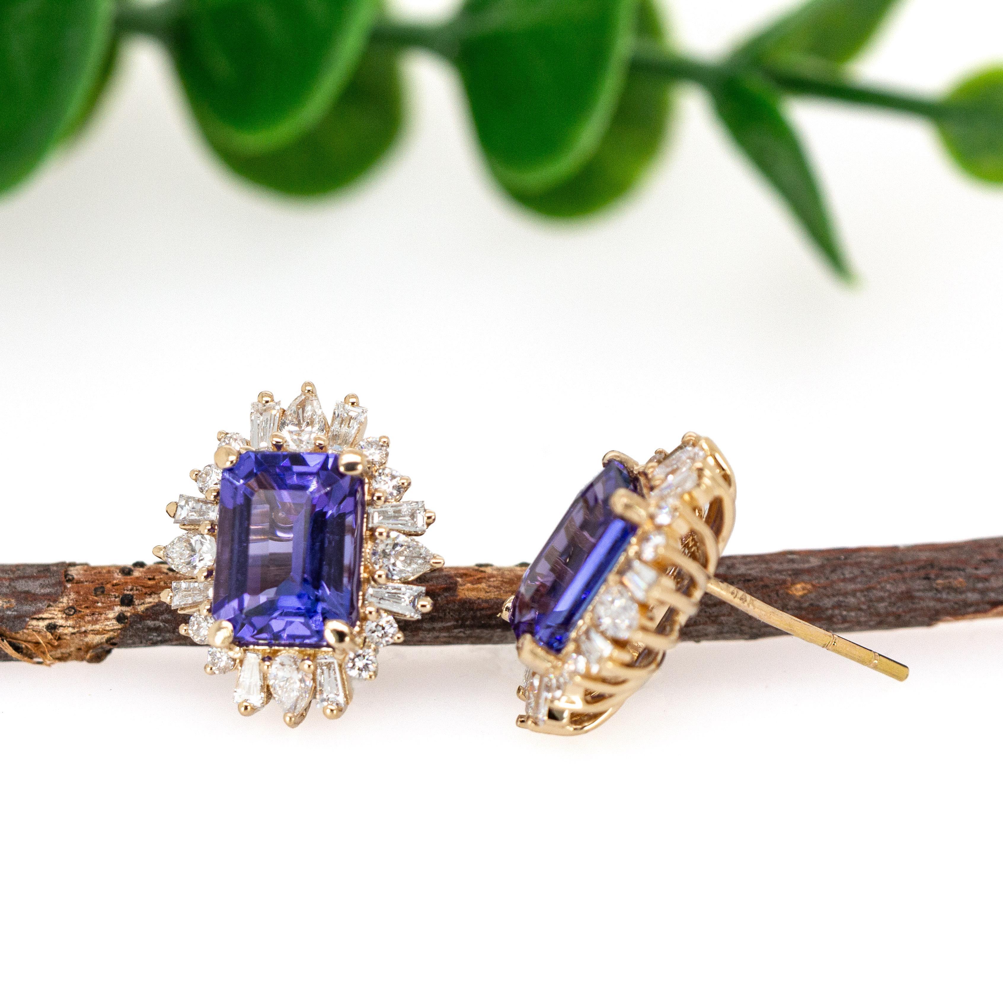Donna Orecchini Starburst con tanzanite e diamanti naturali in oro massiccio 14 carati  EM 8x6mm in vendita