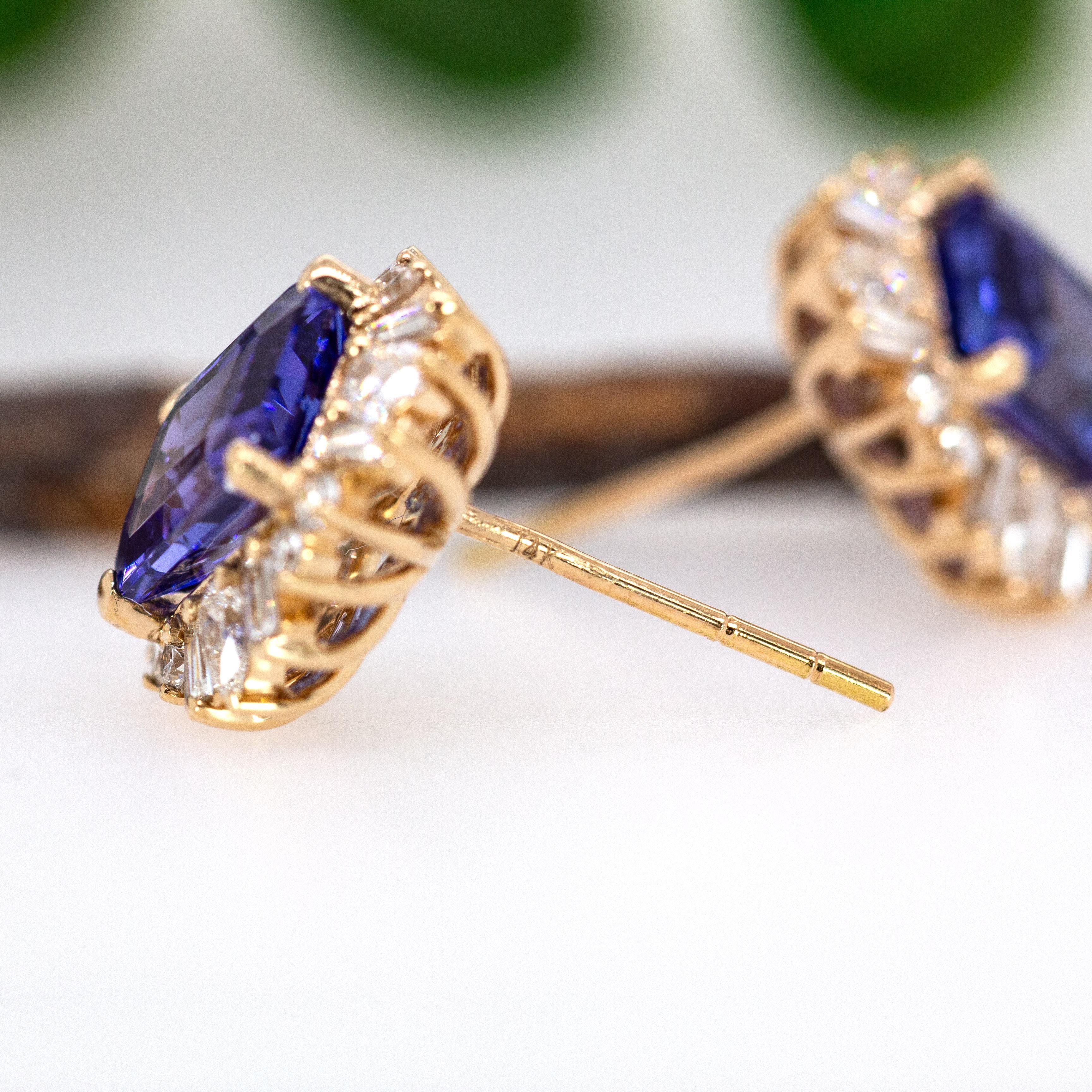 Orecchini Starburst con tanzanite e diamanti naturali in oro massiccio 14 carati  EM 8x6mm in vendita 1