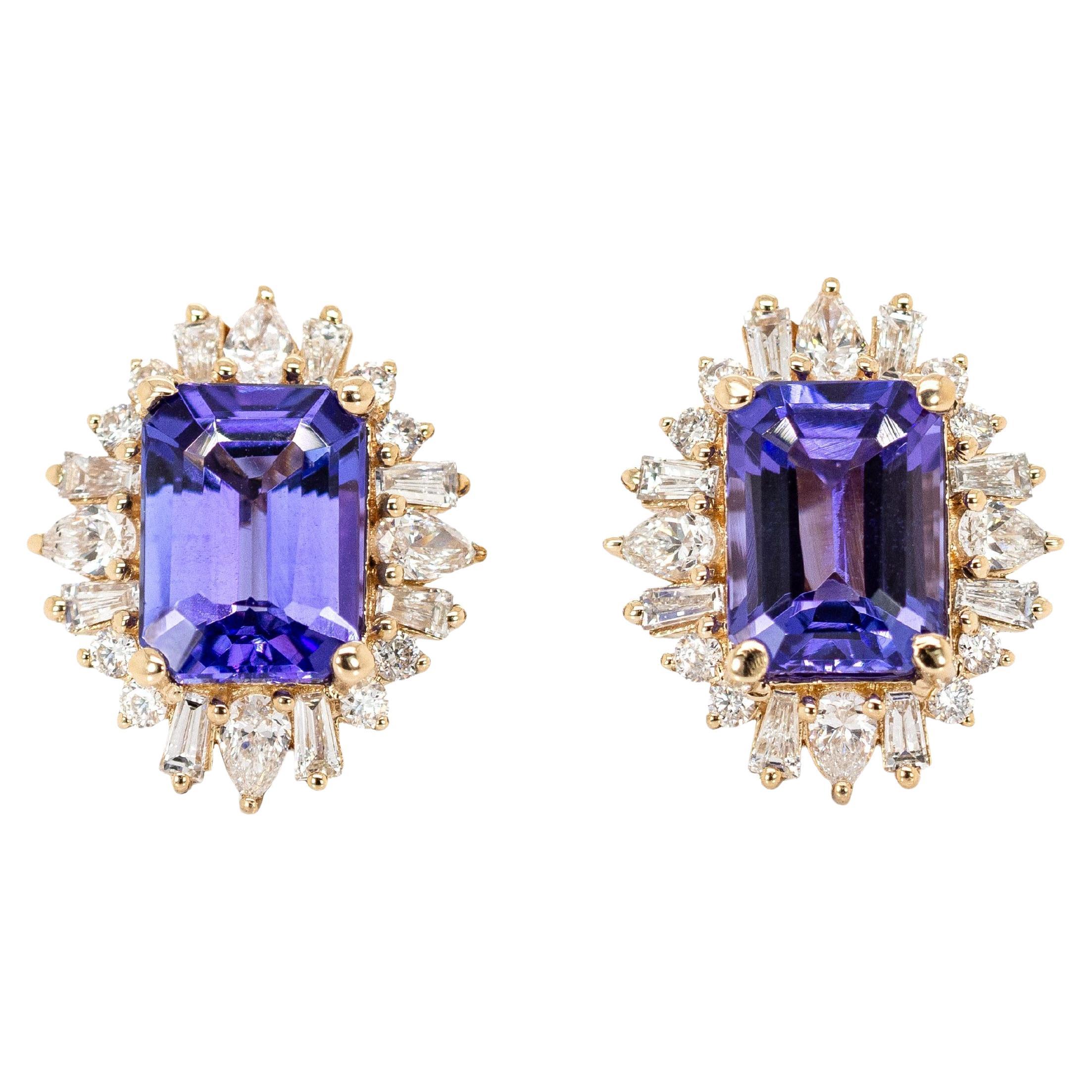 Orecchini Starburst con tanzanite e diamanti naturali in oro massiccio 14 carati  EM 8x6mm in vendita