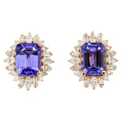 Starburst Tanzanite and Natural Diamond Earrings in Solid 14K Gold  EM 8x6mm