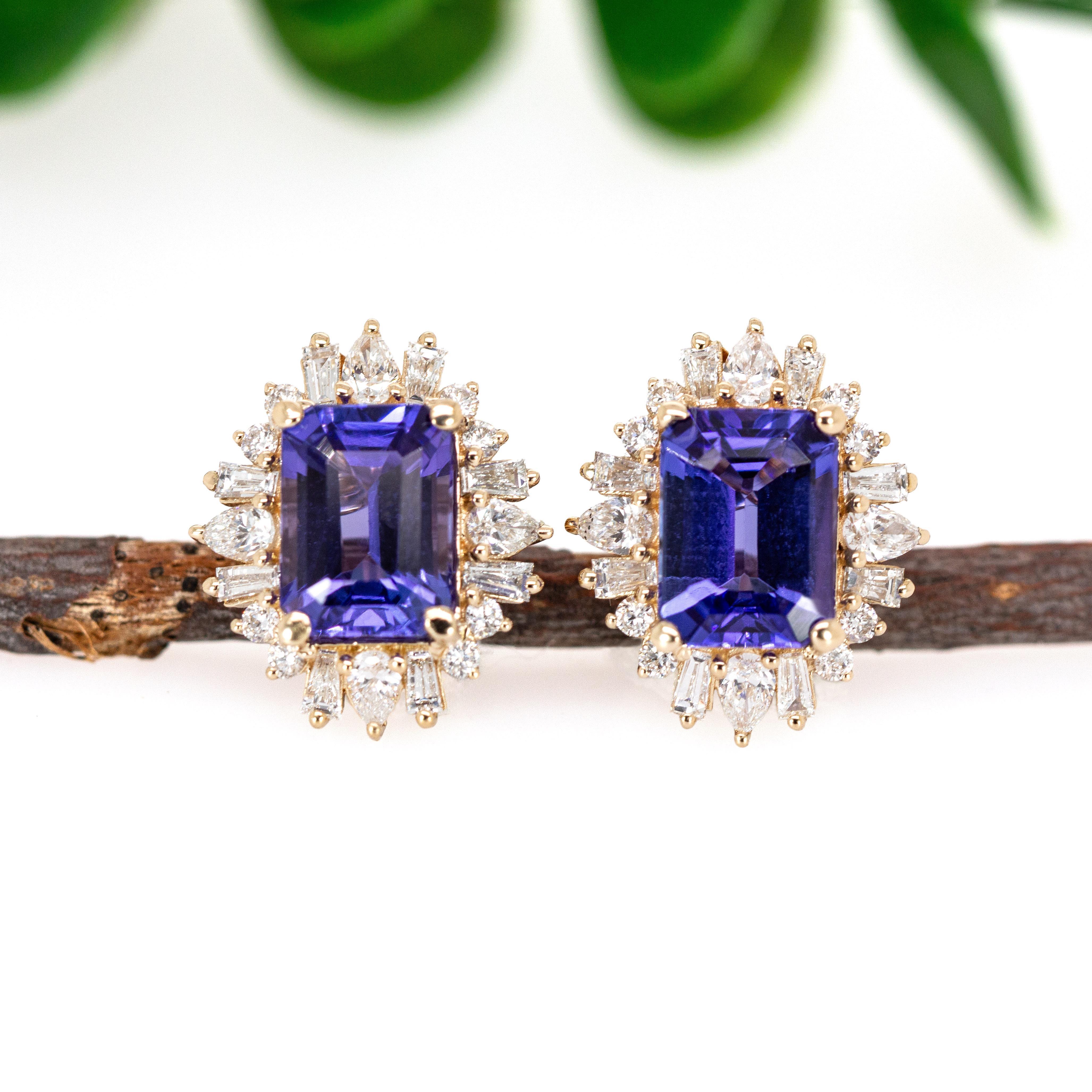 Art déco Boucles d'oreilles Tanzanite en étoile avec diamants Nature : Or massif 14K, Emeraude 8x6mm en vente