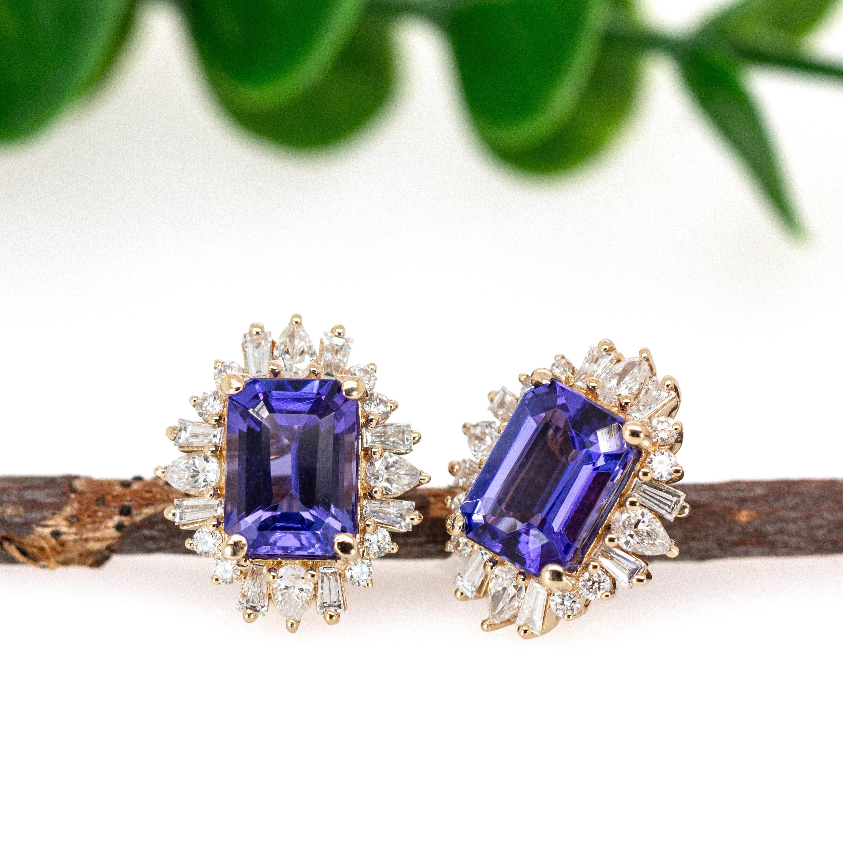 Taille émeraude Boucles d'oreilles Tanzanite en étoile avec diamants Nature : Or massif 14K, Emeraude 8x6mm en vente