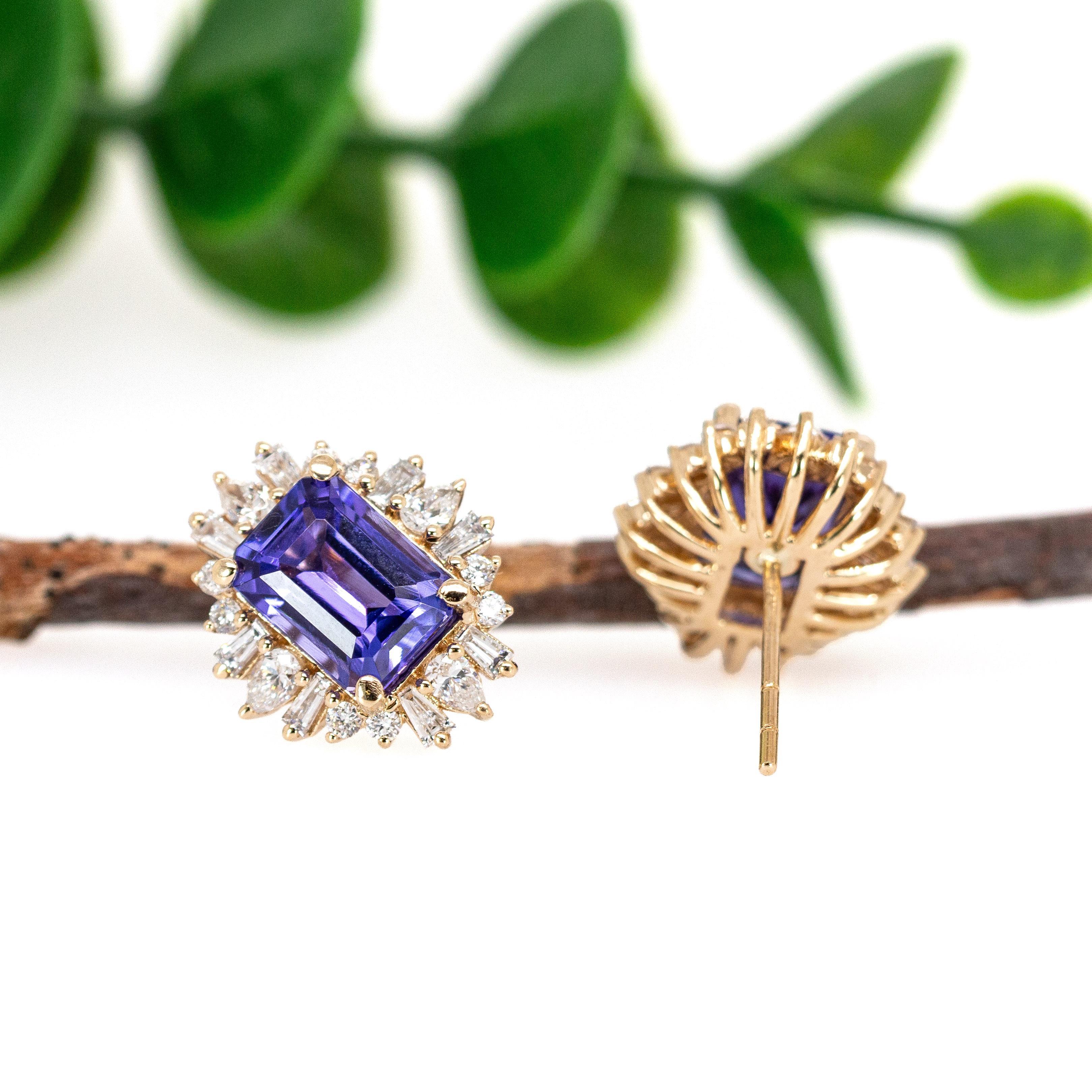 Boucles d'oreilles Tanzanite en étoile avec diamants Nature : Or massif 14K, Emeraude 8x6mm Pour femmes en vente