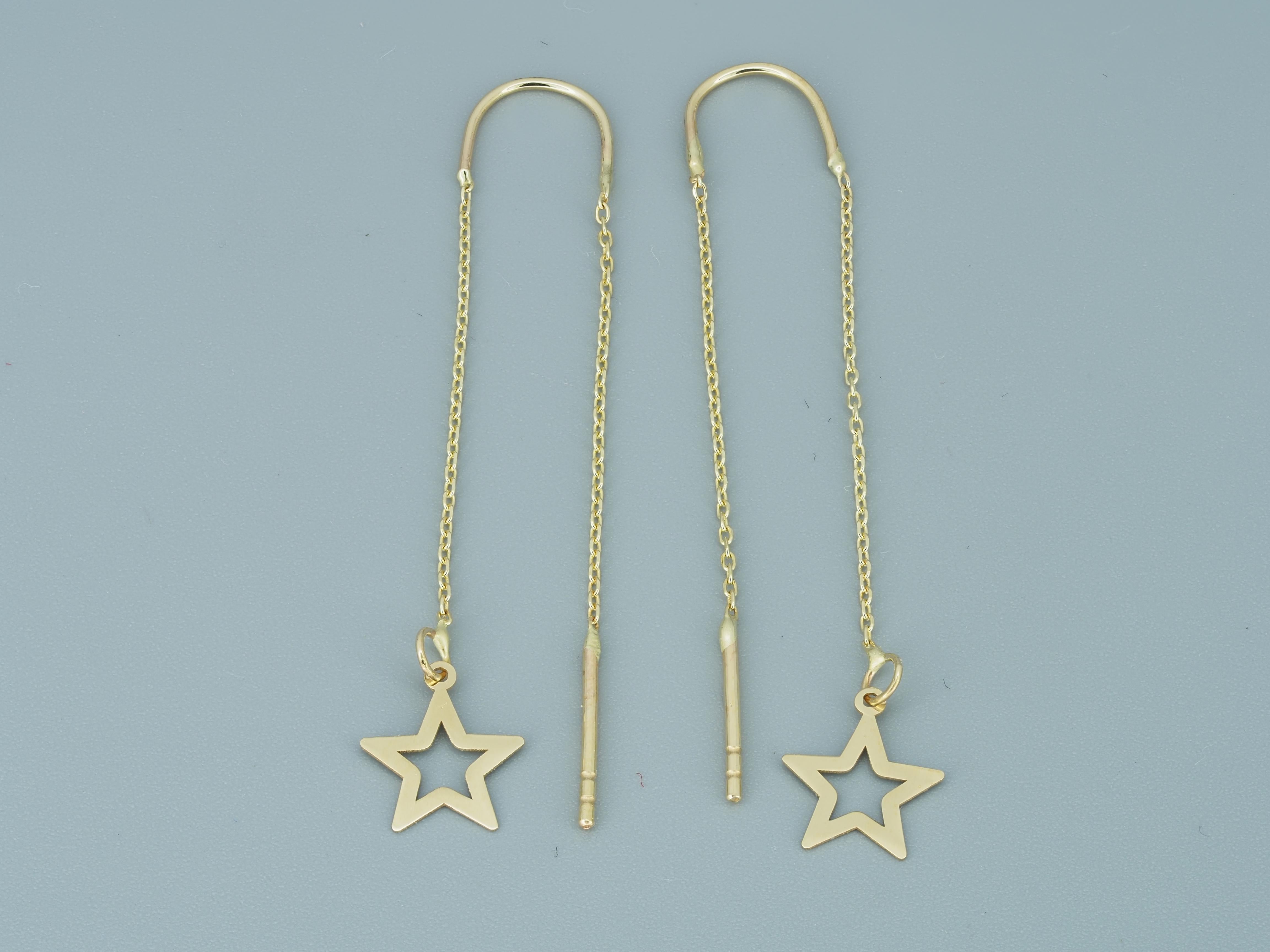 Modern Starburst Threader Earrings in 14k gold.  For Sale