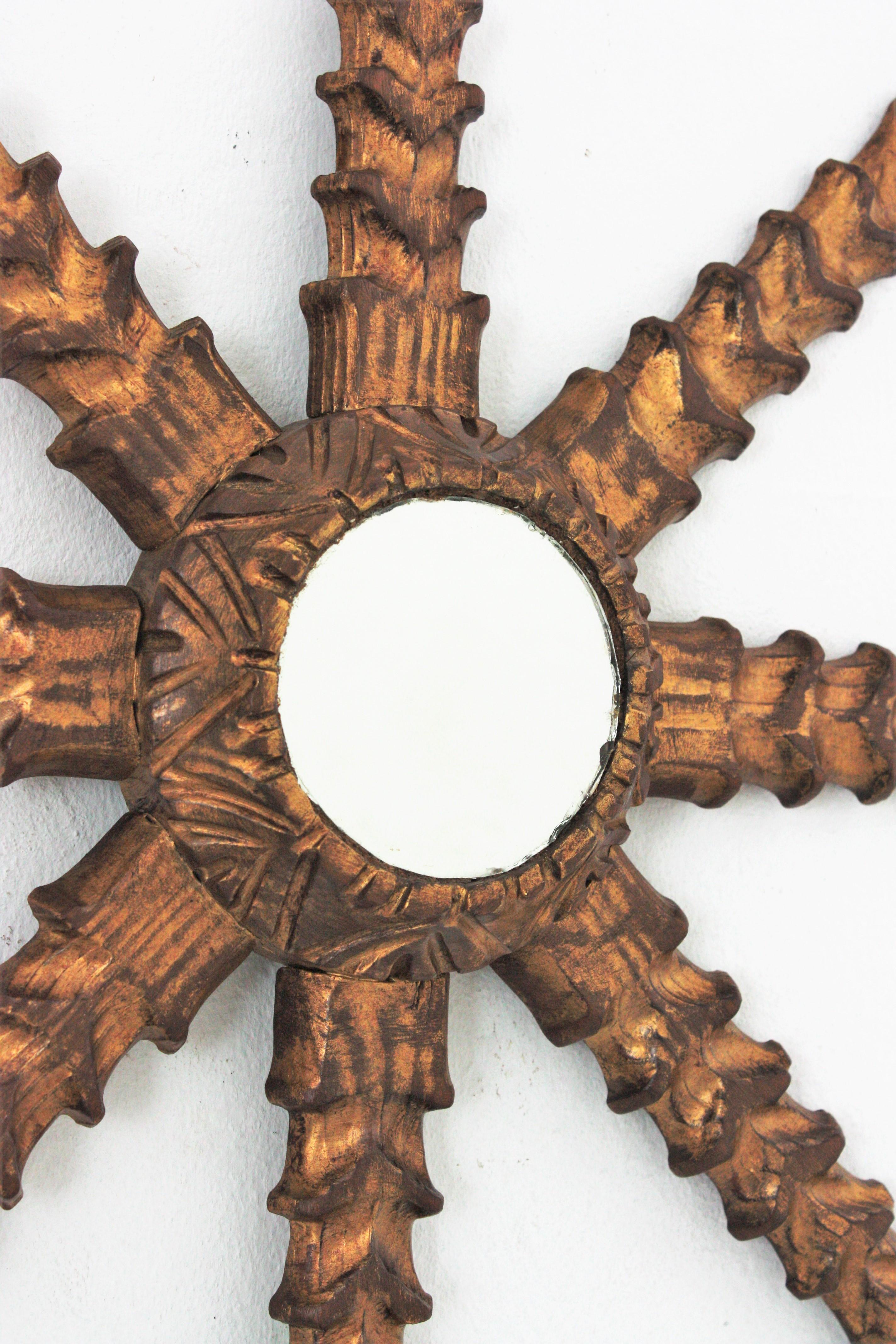 20th Century Spanish Starburst Sunburst Mirror, Carved Giltwood For Sale