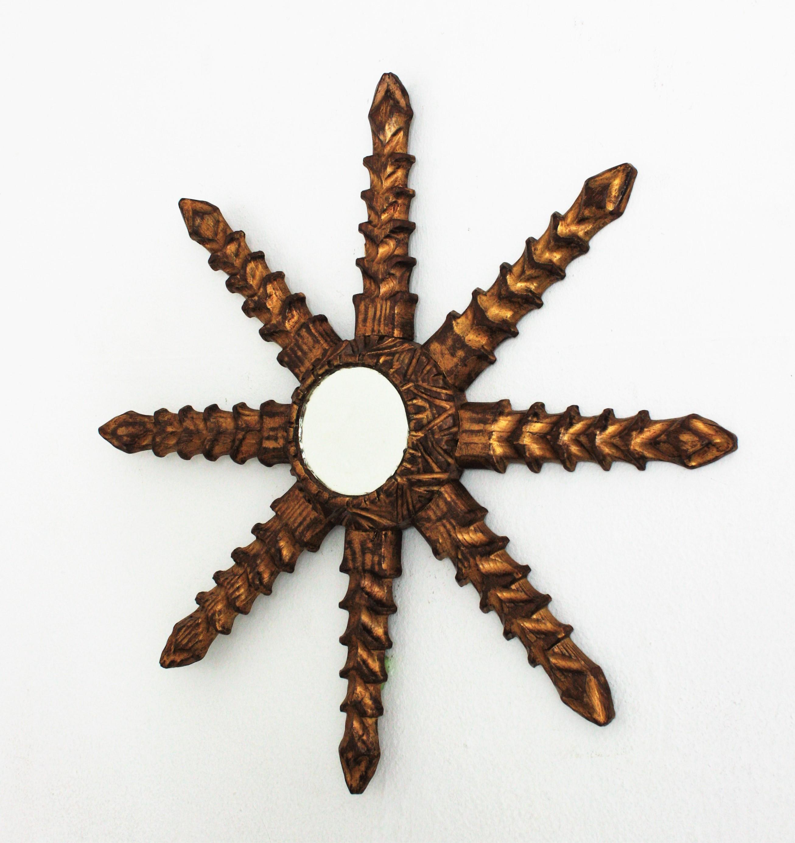 Spanish Starburst Sunburst Mirror, Carved Giltwood For Sale 4