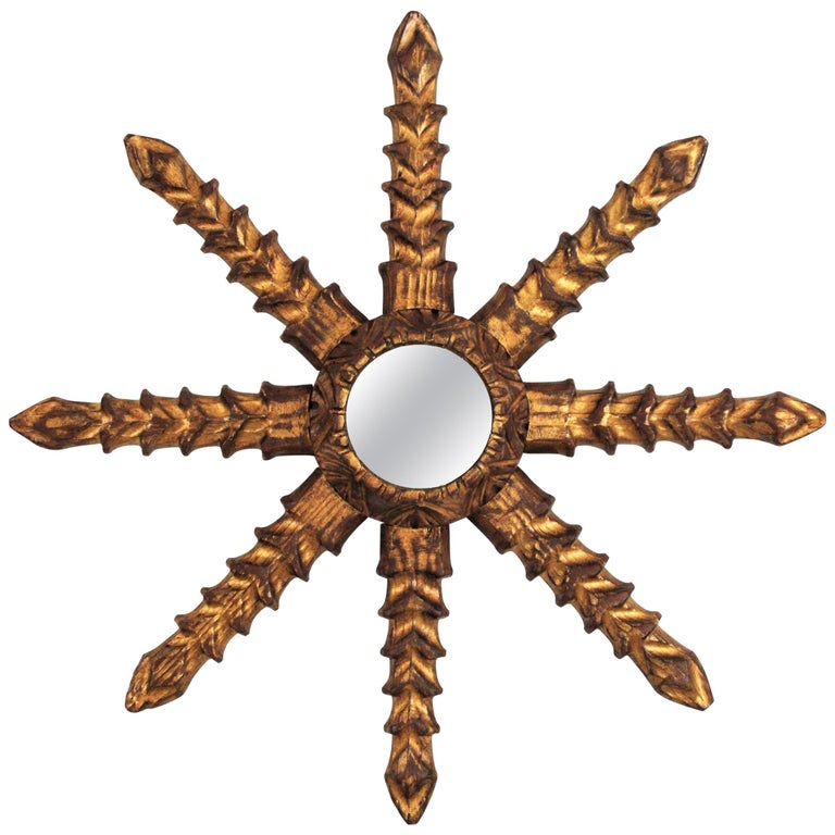 Sunburst Starburst Wall Mirror in Carved Giltwood, 1960s For Sale