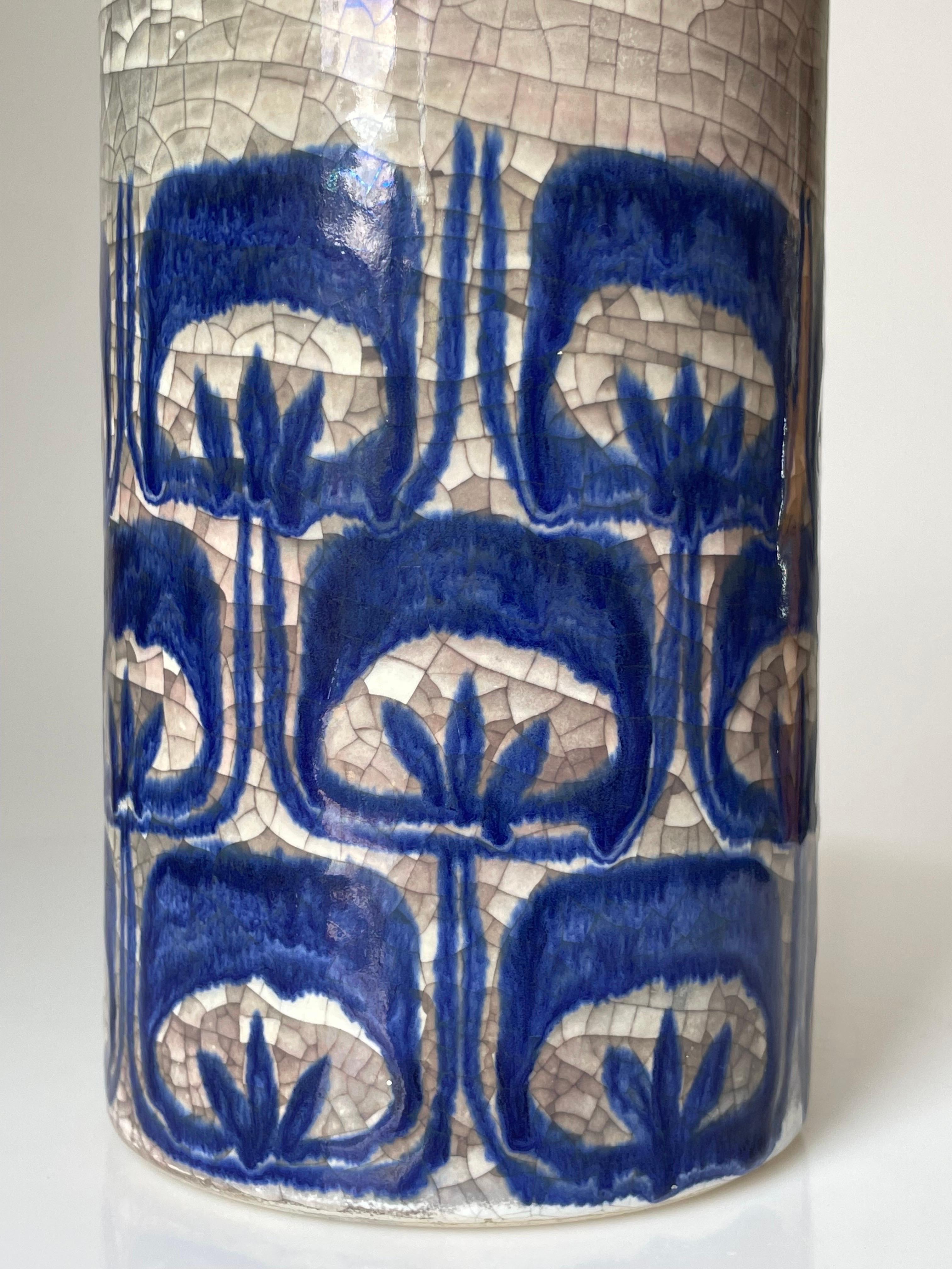 Mid-Century Modern Starck, Andersen Persia Crackle Glaze Blue Gray Cylinder Vase, 1960s For Sale