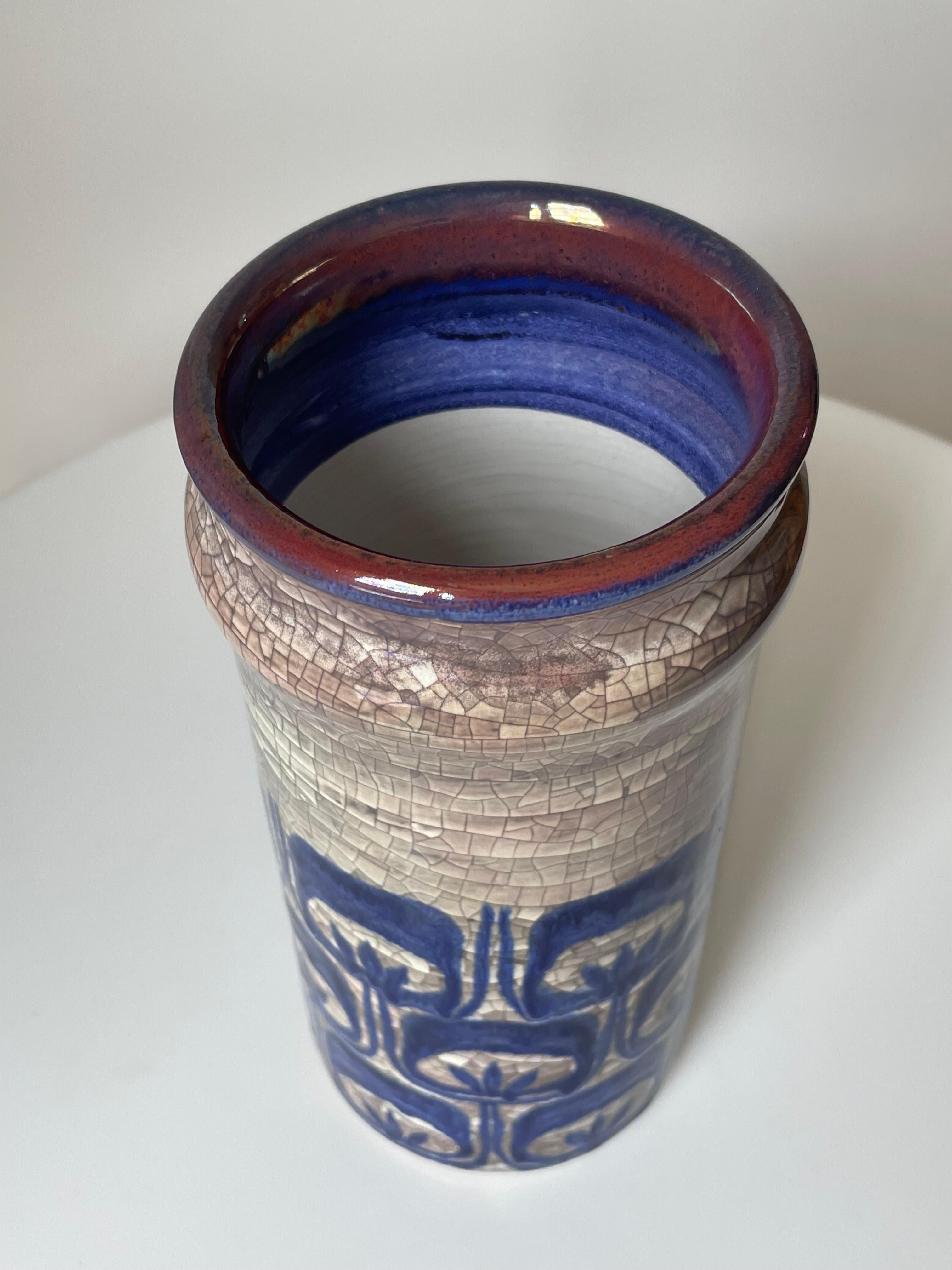 Danish Starck, Andersen Persia Crackle Glaze Blue Gray Cylinder Vase, 1960s For Sale