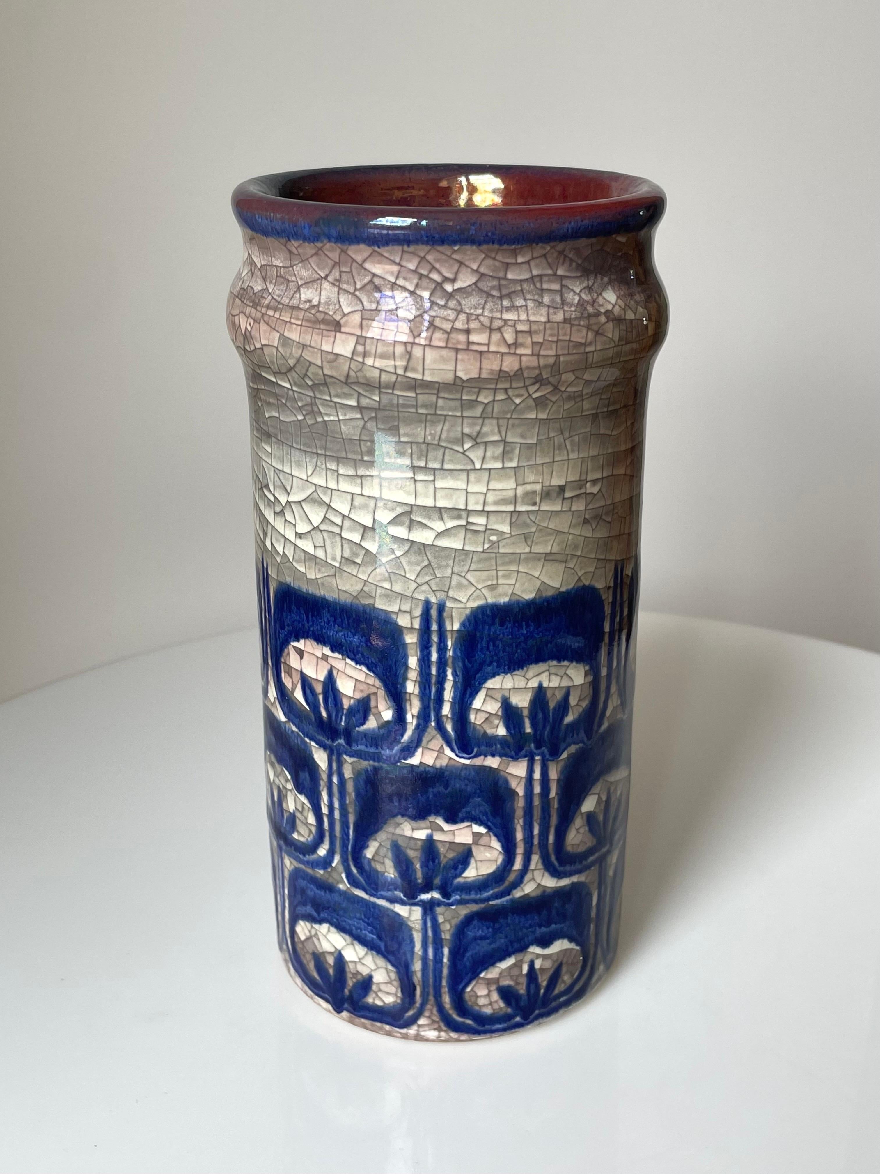 Hand-Painted Starck, Andersen Persia Crackle Glaze Blue Gray Cylinder Vase, 1960s For Sale