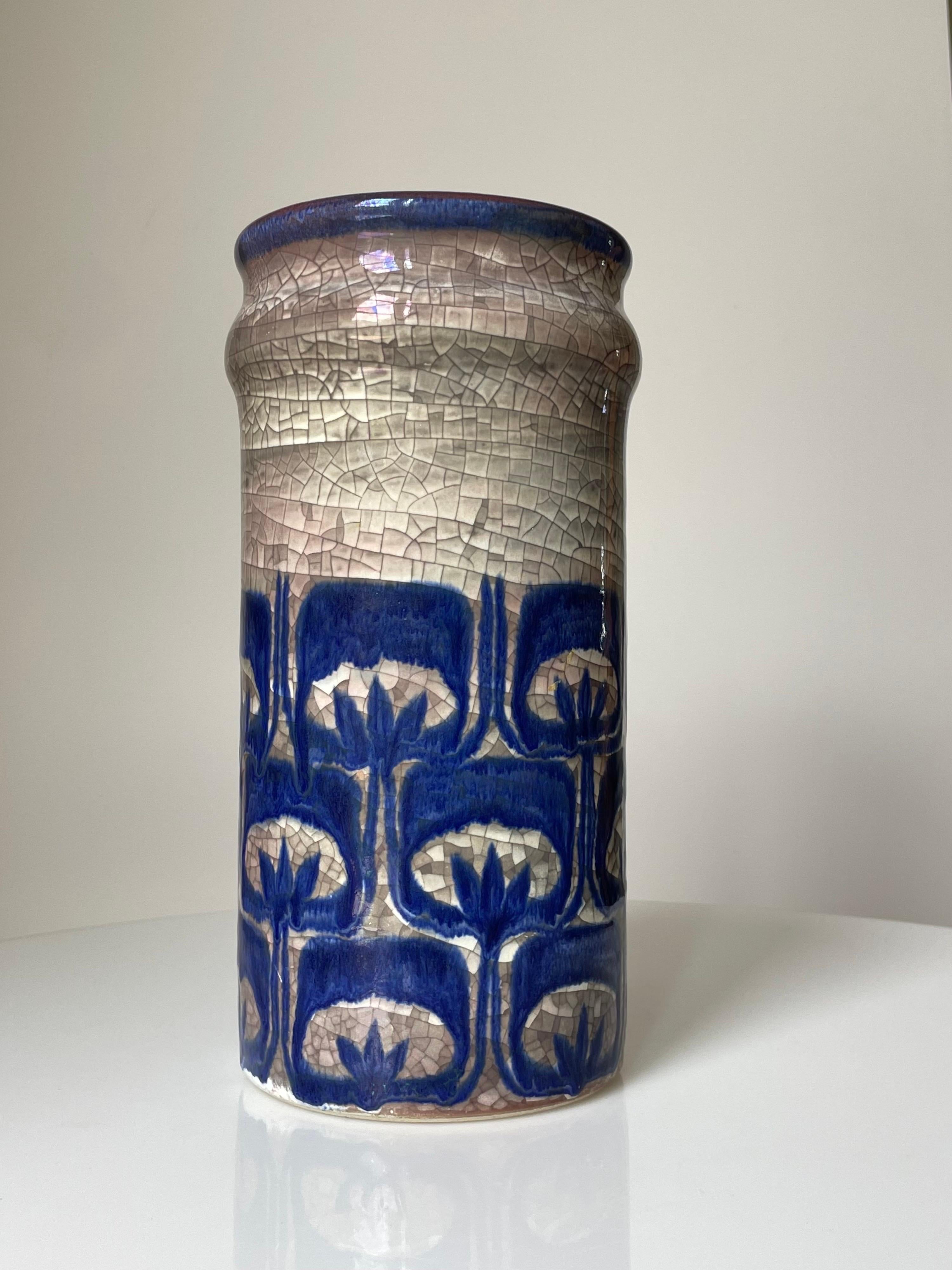 Starck, Andersen Persia Crackle Glaze Blue Gray Cylinder Vase, 1960s In Good Condition For Sale In Copenhagen, DK