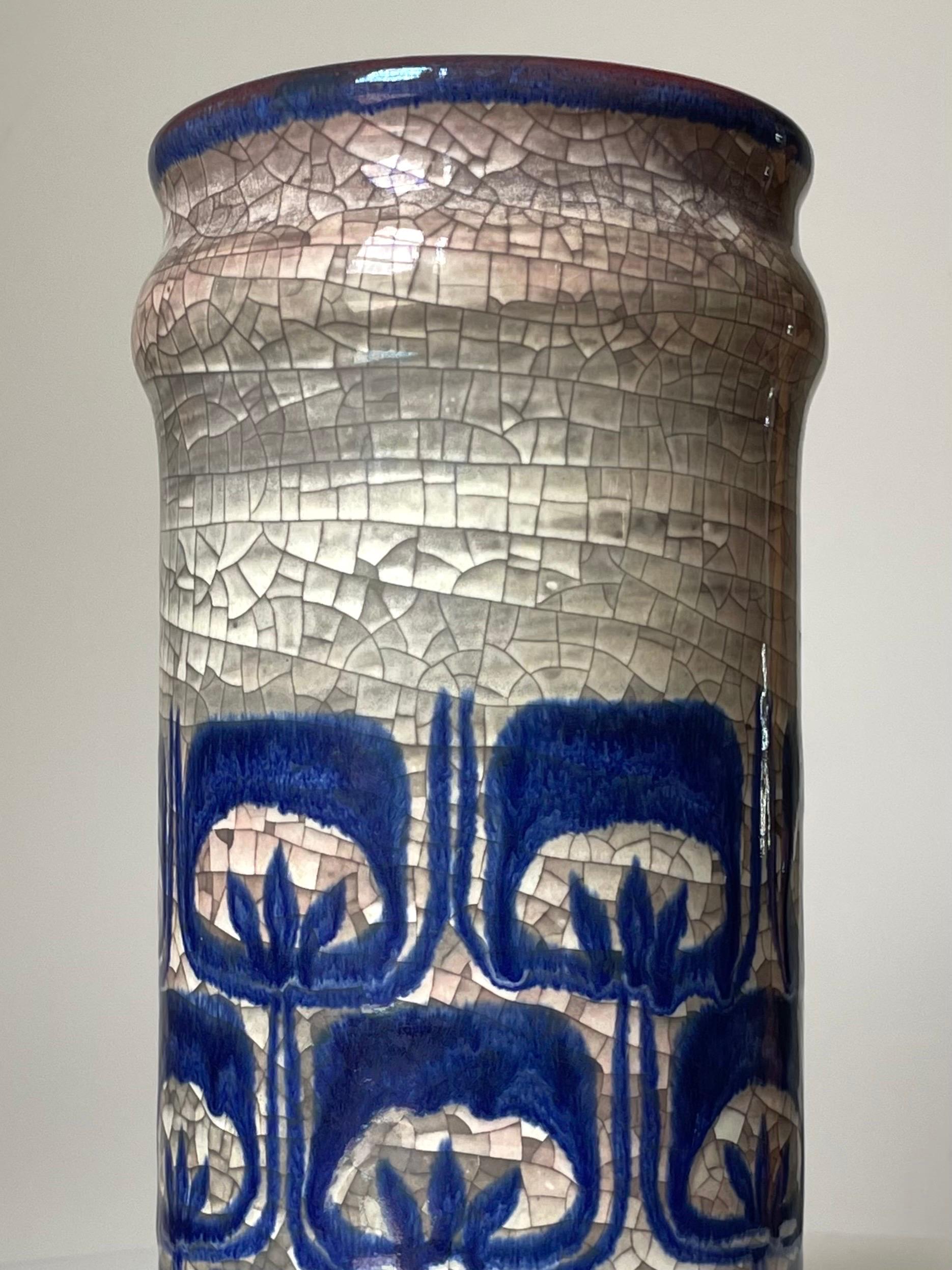 Stoneware Starck, Andersen Persia Crackle Glaze Blue Gray Cylinder Vase, 1960s For Sale