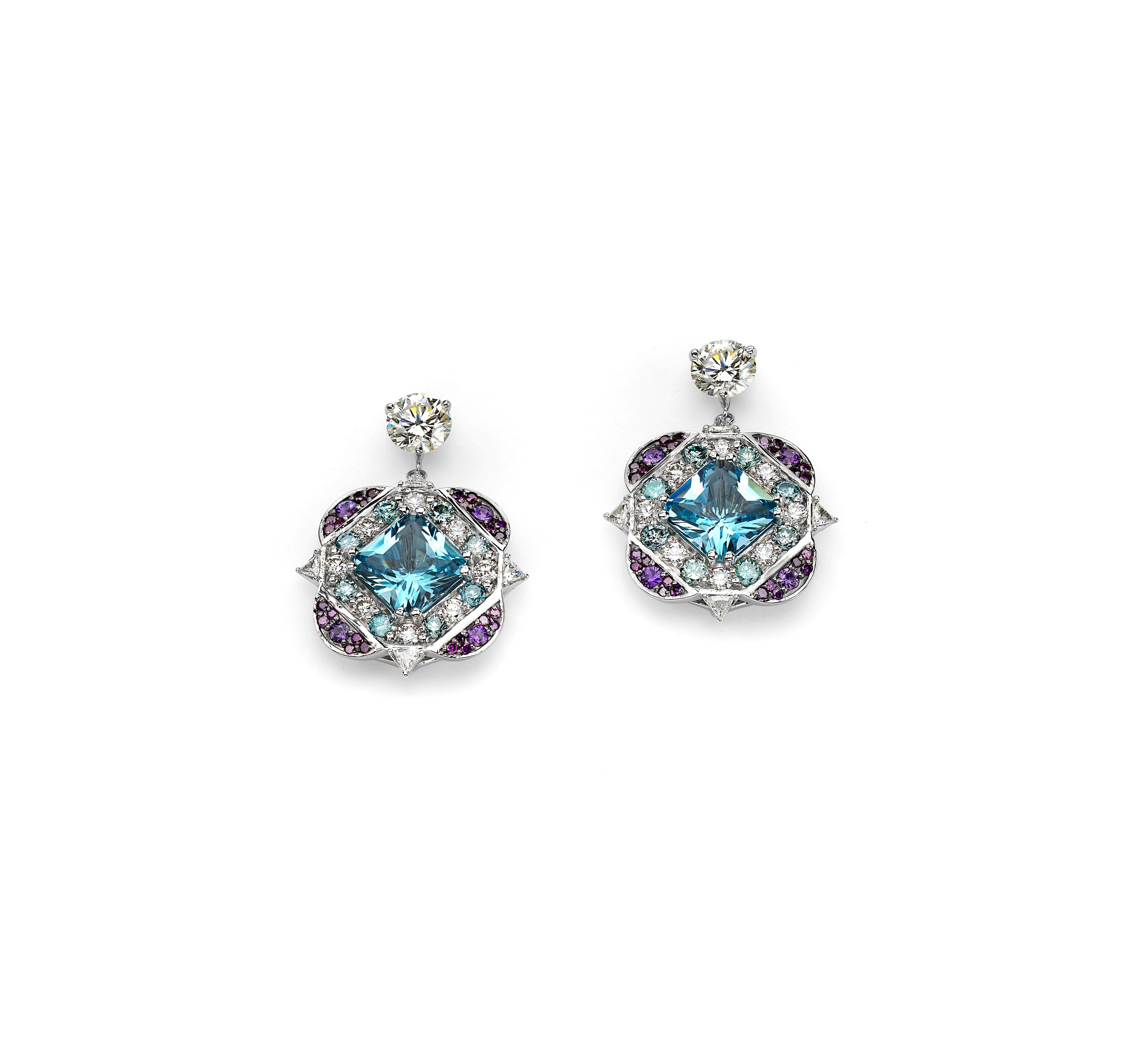 Princess Cut Stardust Drops Aquamarine Diamond 18k Quatro Foil Earrings By William Boyajian For Sale