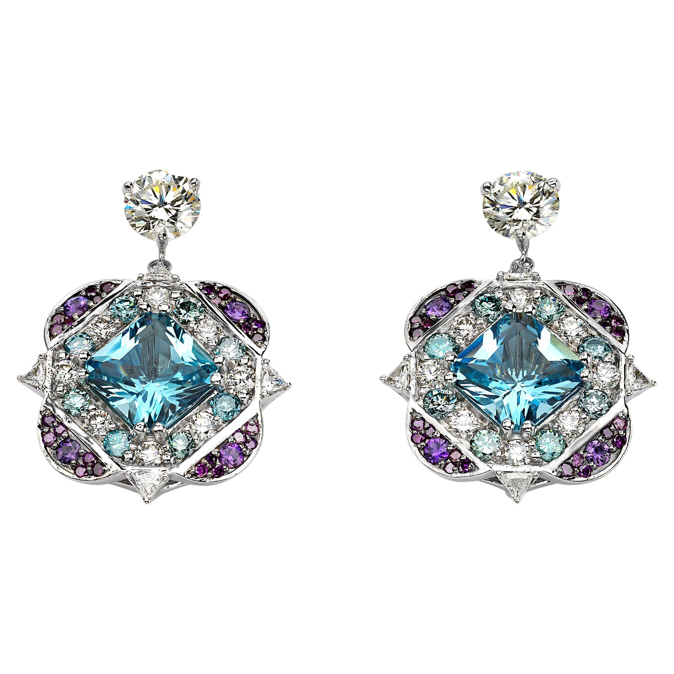 Stardust Drops Aquamarine Diamond 18k Quatro Foil Earrings By William Boyajian For Sale