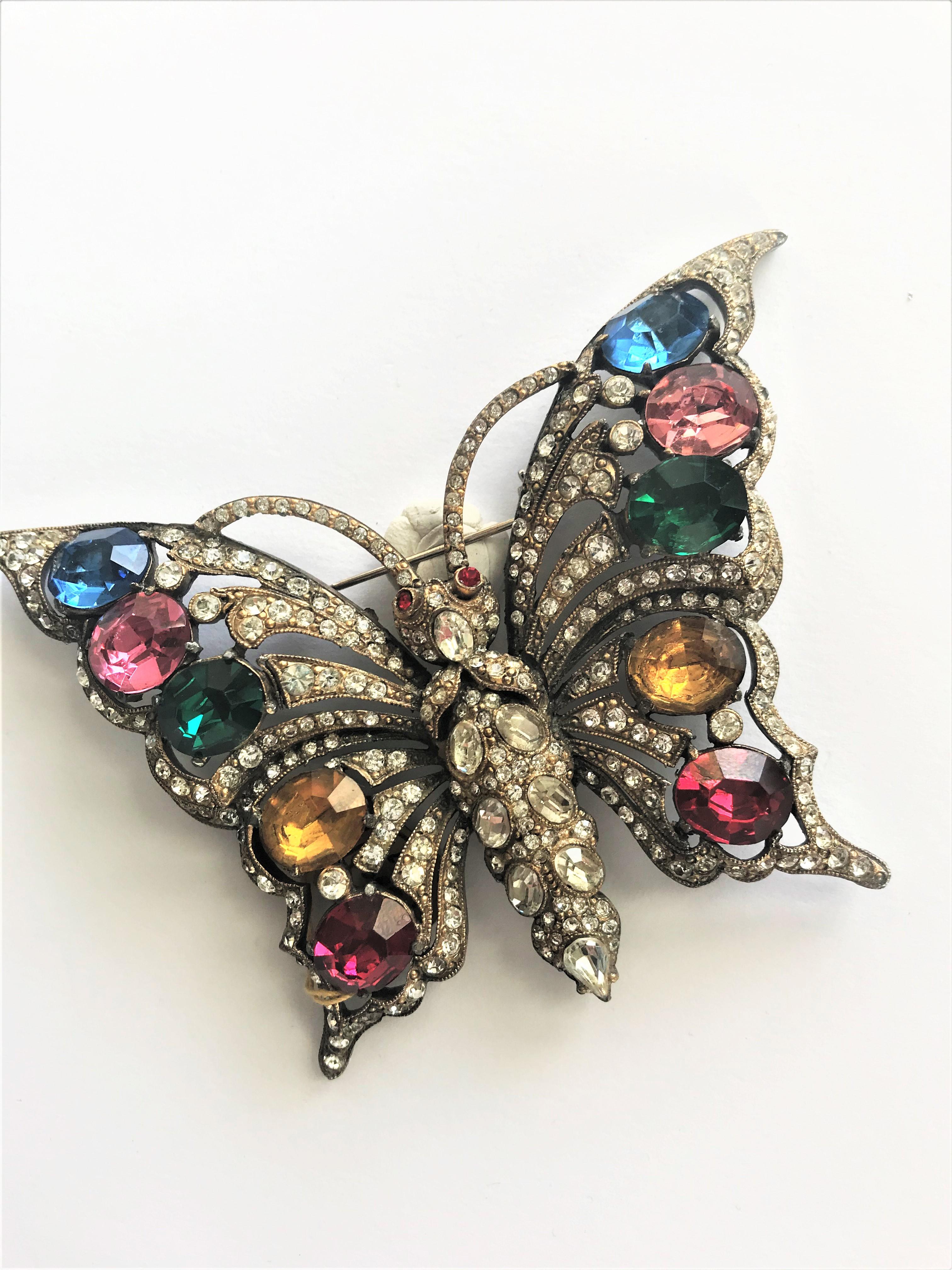 Artisan STARET BUTTERLY brooch gorgeous rhinestone decoration 1940s USA For Sale