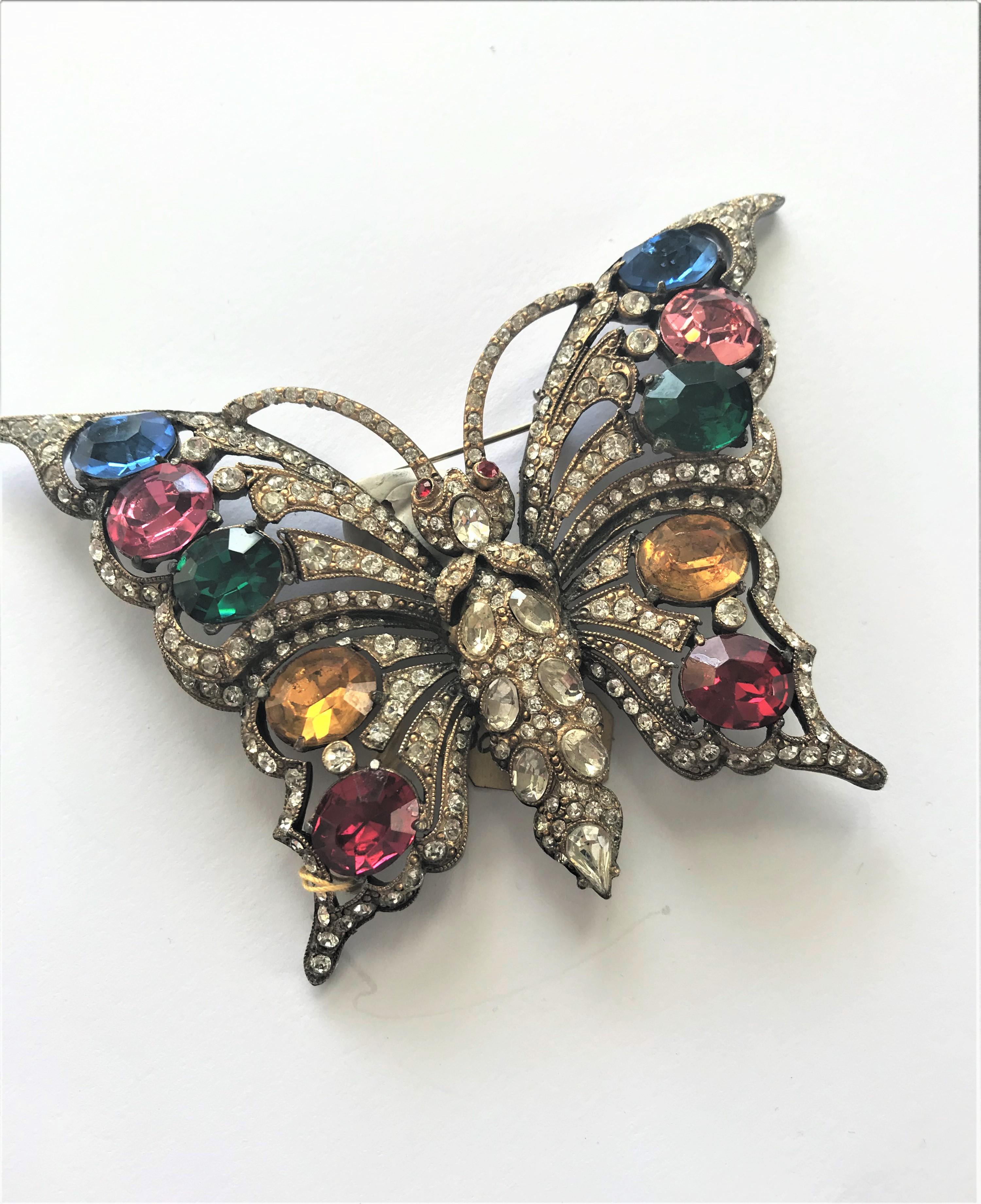 Oval Cut STARET BUTTERLY brooch gorgeous rhinestone decoration 1940s USA For Sale