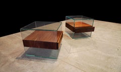 Modern Starfire Glass Cube Side Table with Black Walnut Shelf