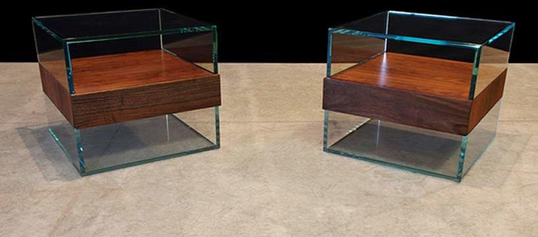 Contemporary Modern Starfire Glass Cube Side Table with Black Walnut Shelf For Sale
