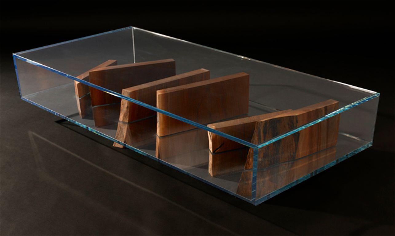Contemporary Modern Starfire Open Glass Box with Black Walnut Slab Pieces For Sale