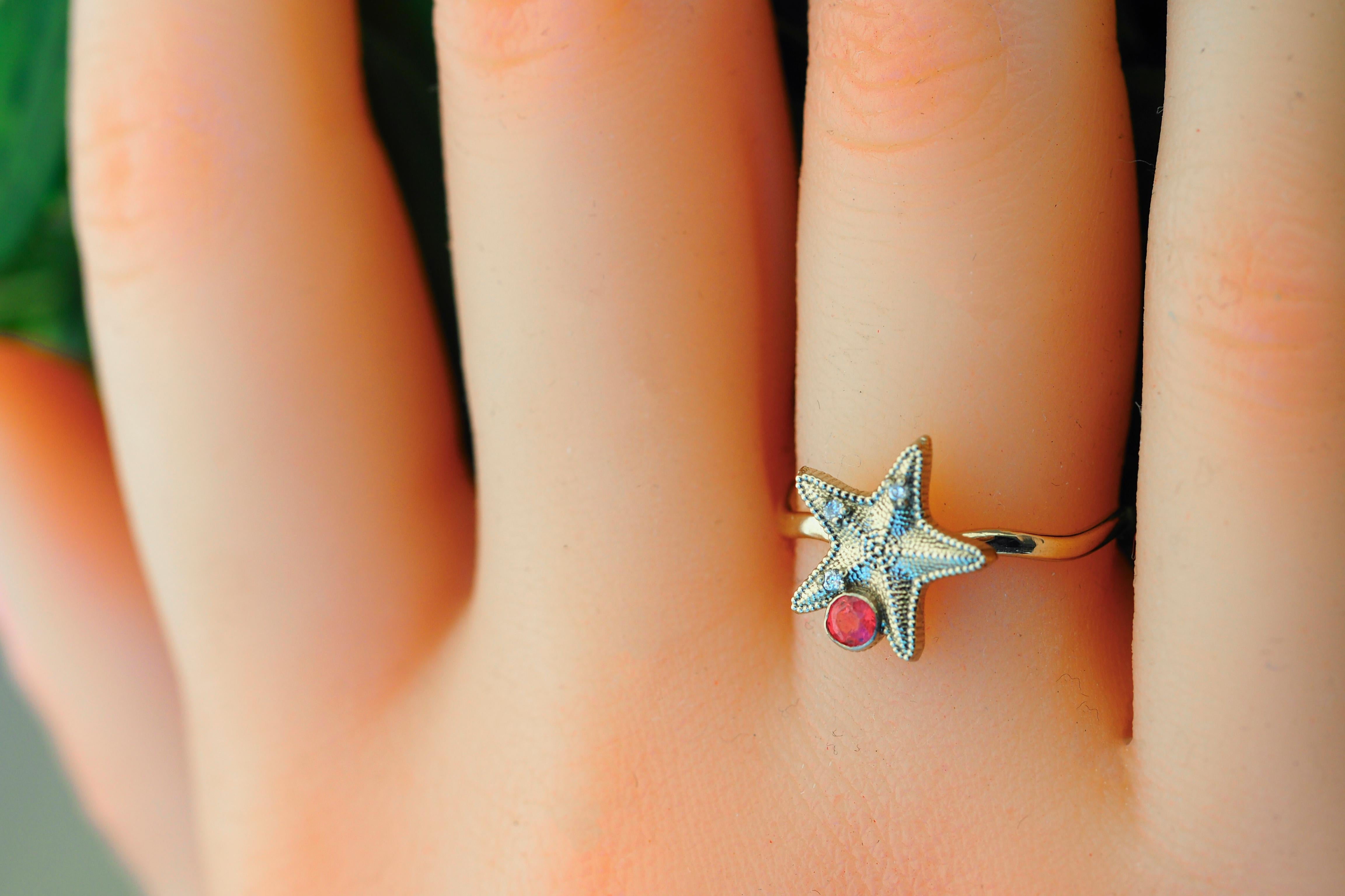 Modern Starfish 14k gold ring with Sapphire, diamonds. 