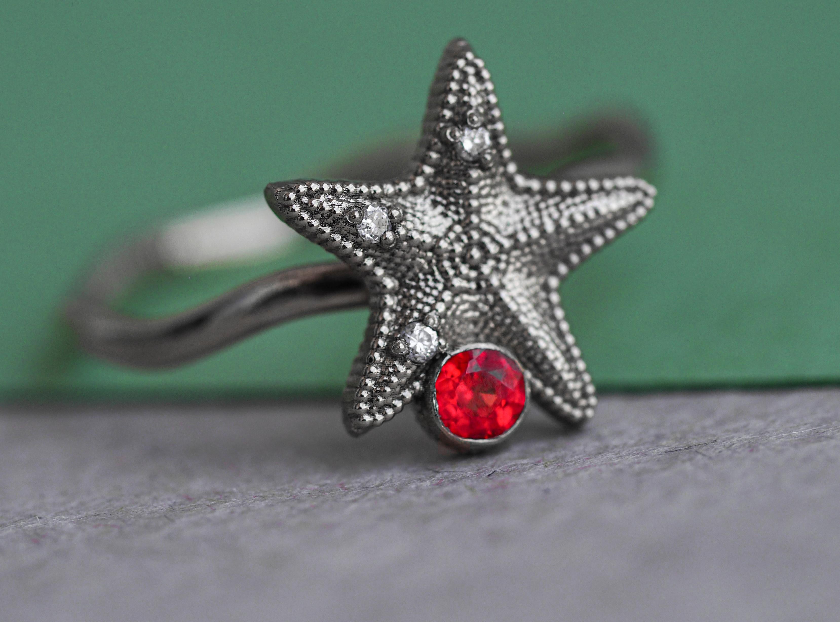 Women's Starfish 14k gold ring with Sapphire, diamonds. 