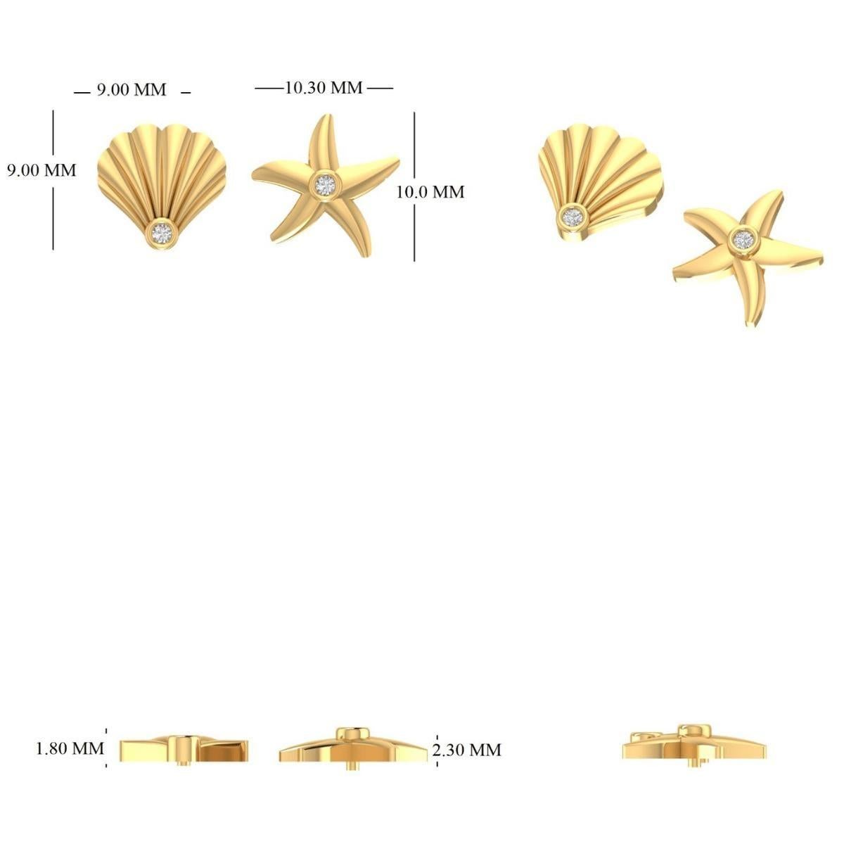 Starfish and Seashell Diamond Kids Earrings in 14k Solid Gold (Certified) Corte redondo en venta
