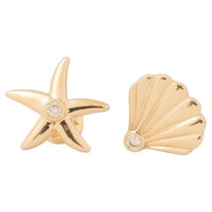 Starfish and Seashell Diamond Kids Earrings in 14k Solid Gold (Certified)