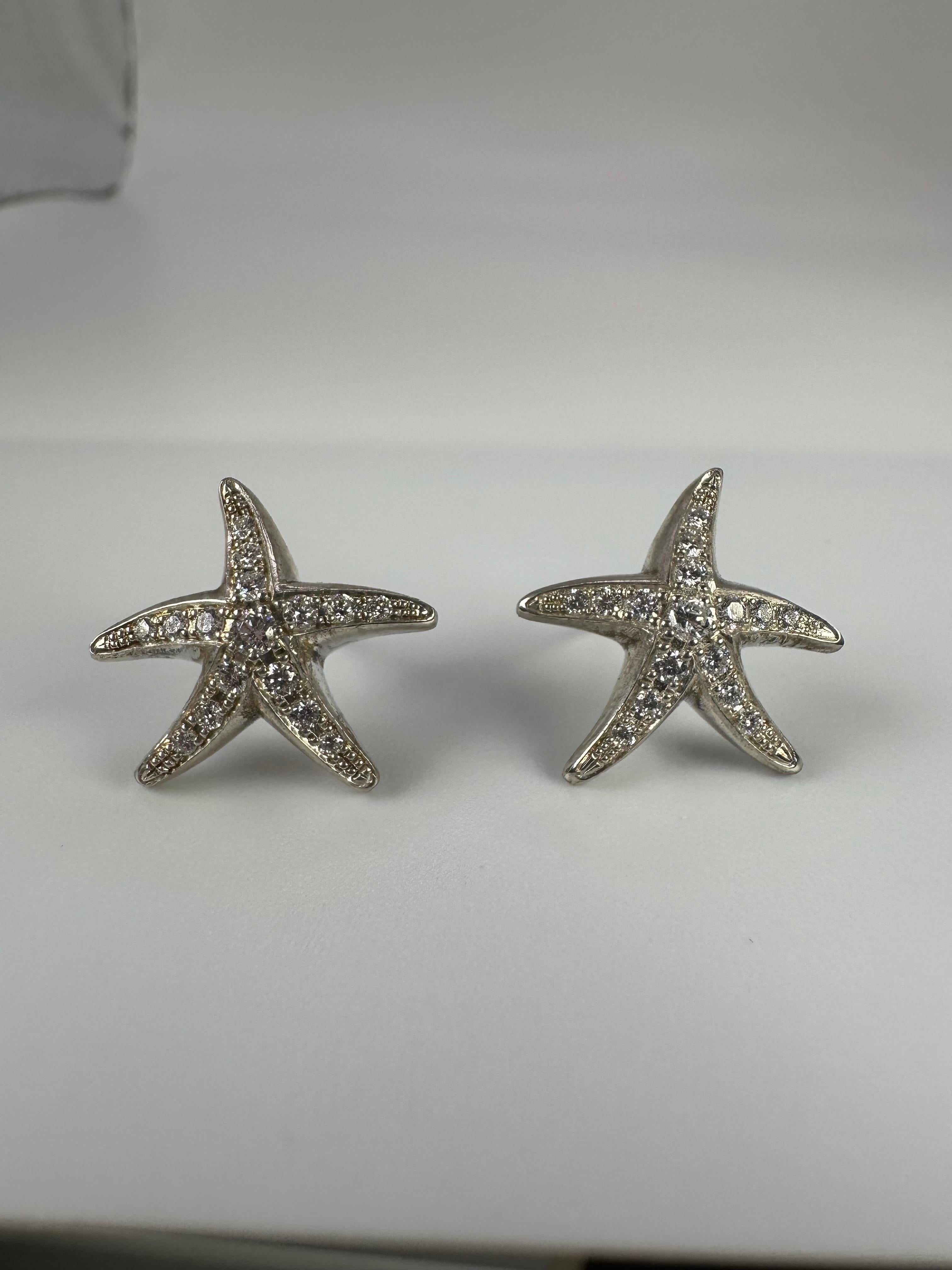 Round Cut Starfish Diamond Earrings 14 Karat White Gold Stud Earrings For Sale