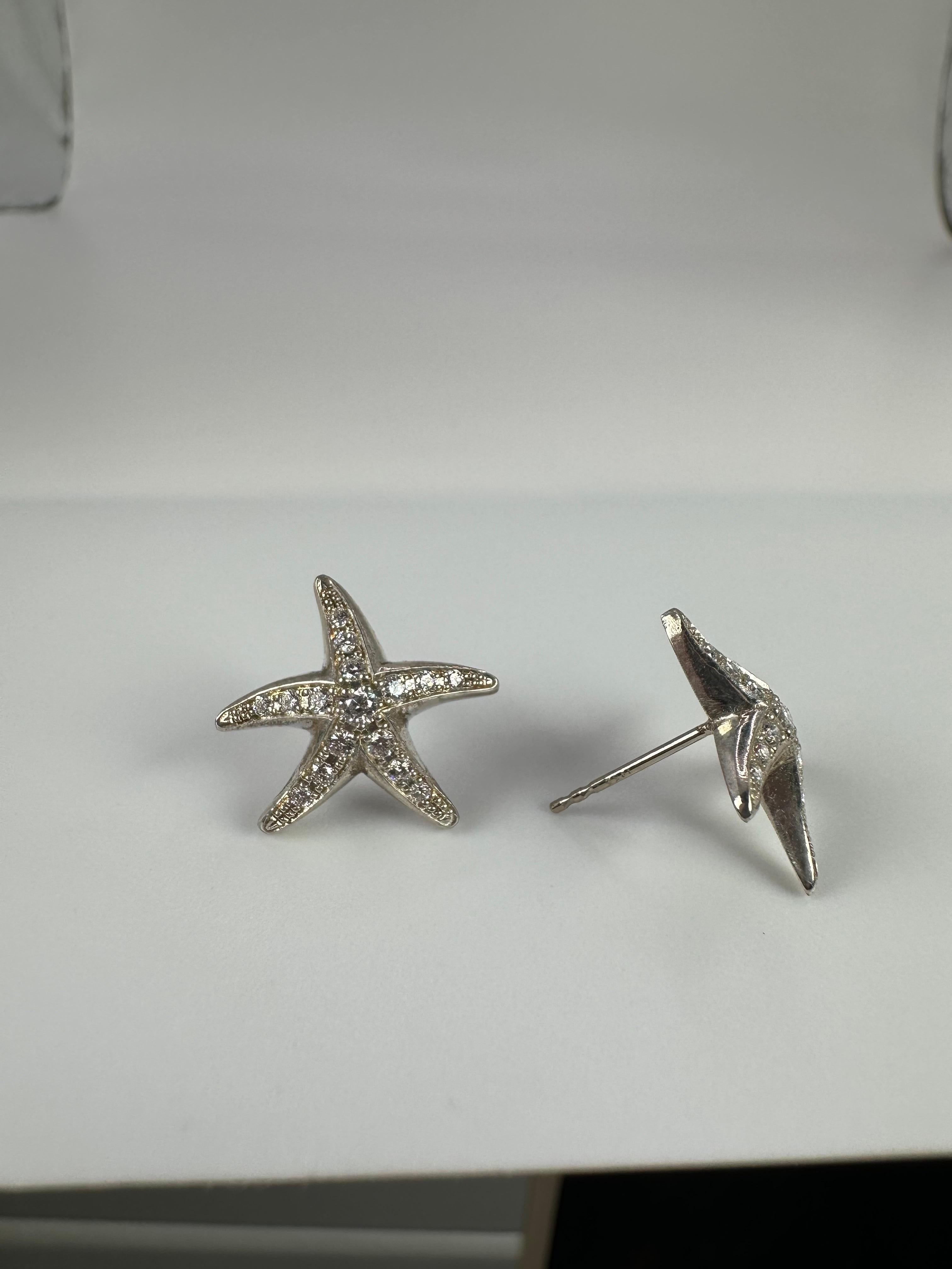 Women's or Men's Starfish Diamond Earrings 14 Karat White Gold Stud Earrings For Sale