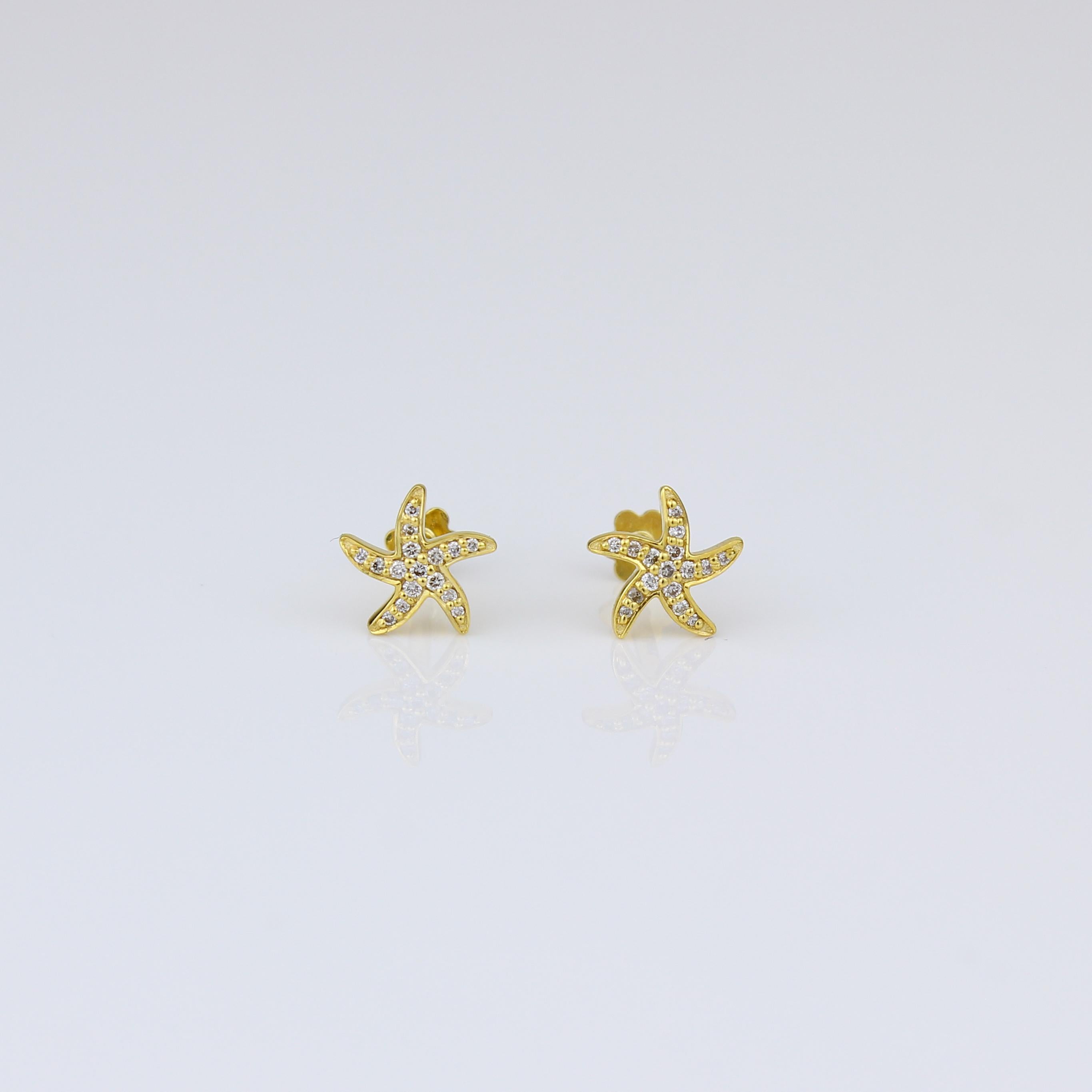 Art déco Boucles d'oreilles étoile de mer en or massif 18 carats pour filles (enfants) en vente