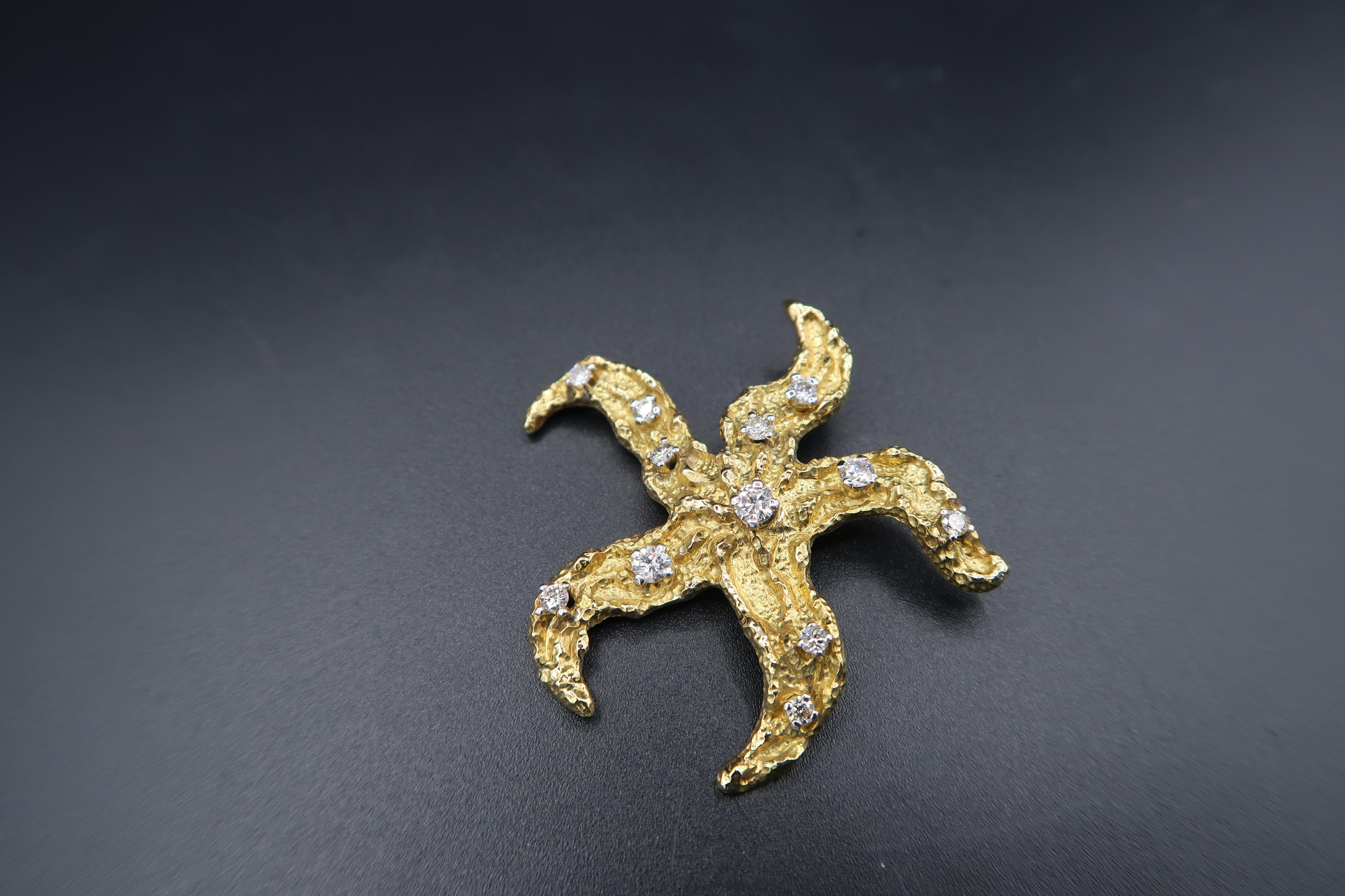 Round Cut Starfish Diamond Gold Brooch and Pendant