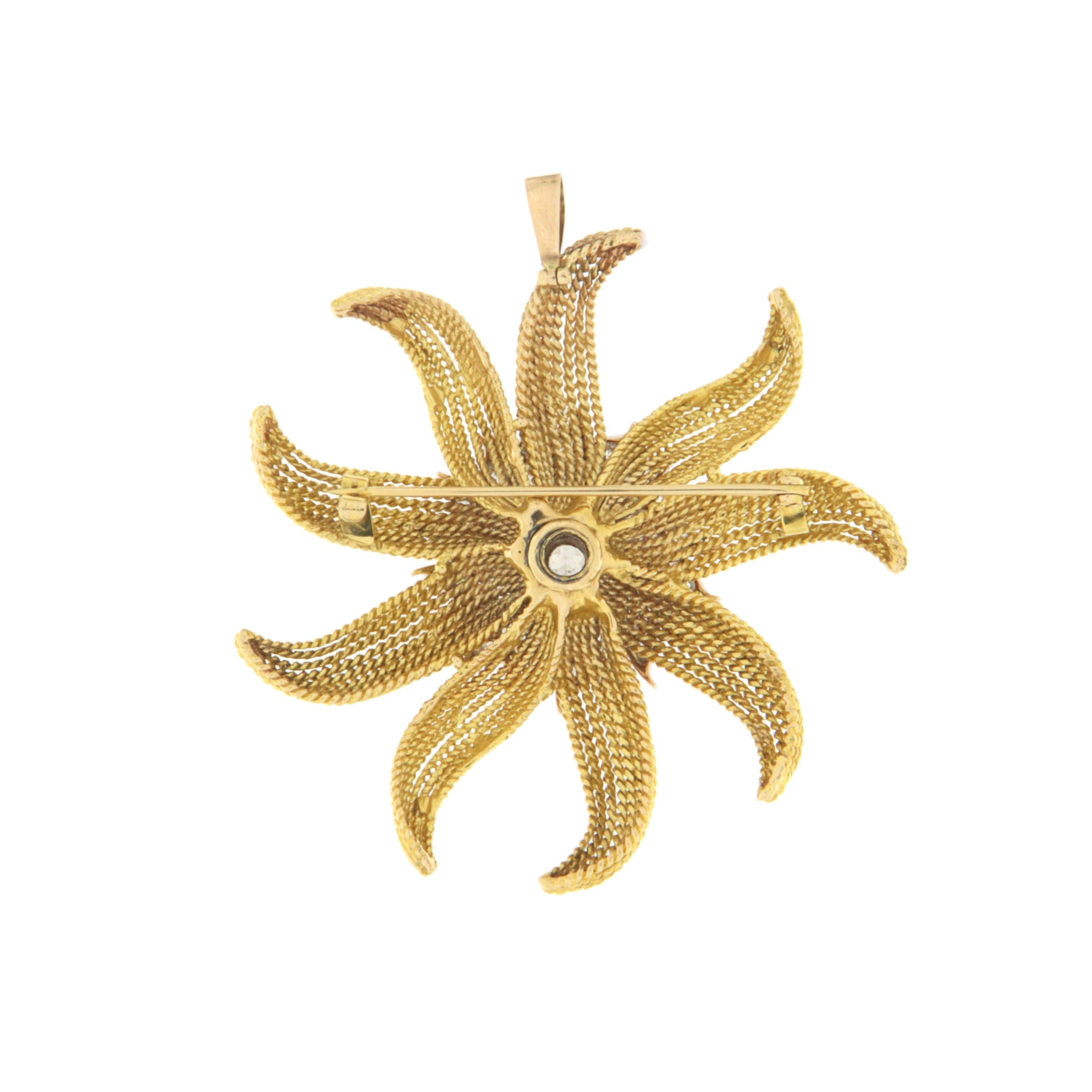 Artisan Starfish Diamonds 14 Karat Yellow And White Gold Brooch Pendant For Sale