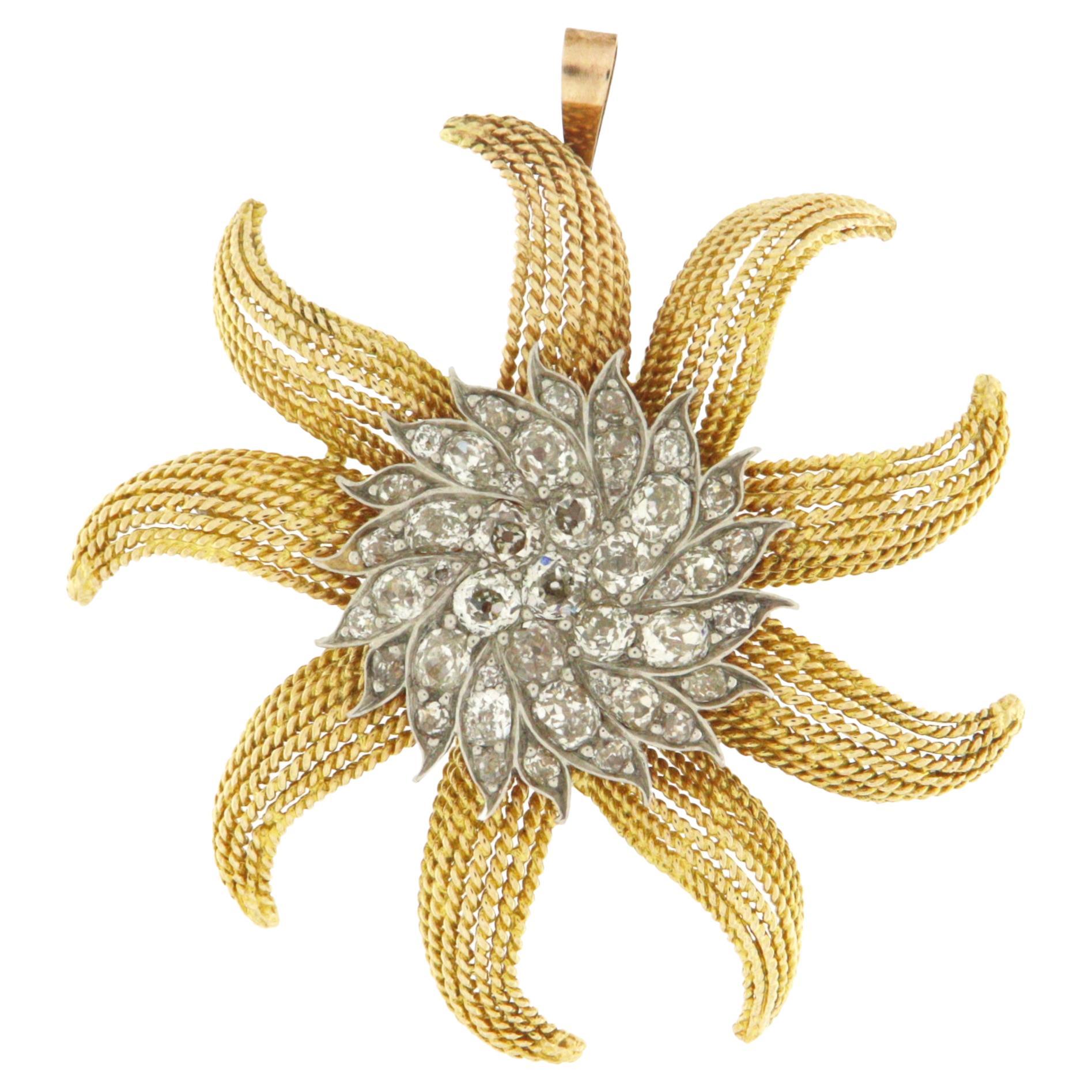 Starfish Diamonds 14 Karat Yellow And White Gold Brooch Pendant For Sale