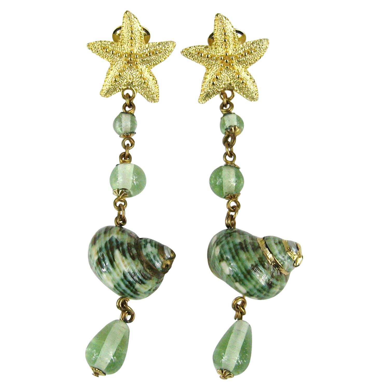 Starfish Earrings Shell Glass Beaded  New, Never Worn 4" Long For Sale