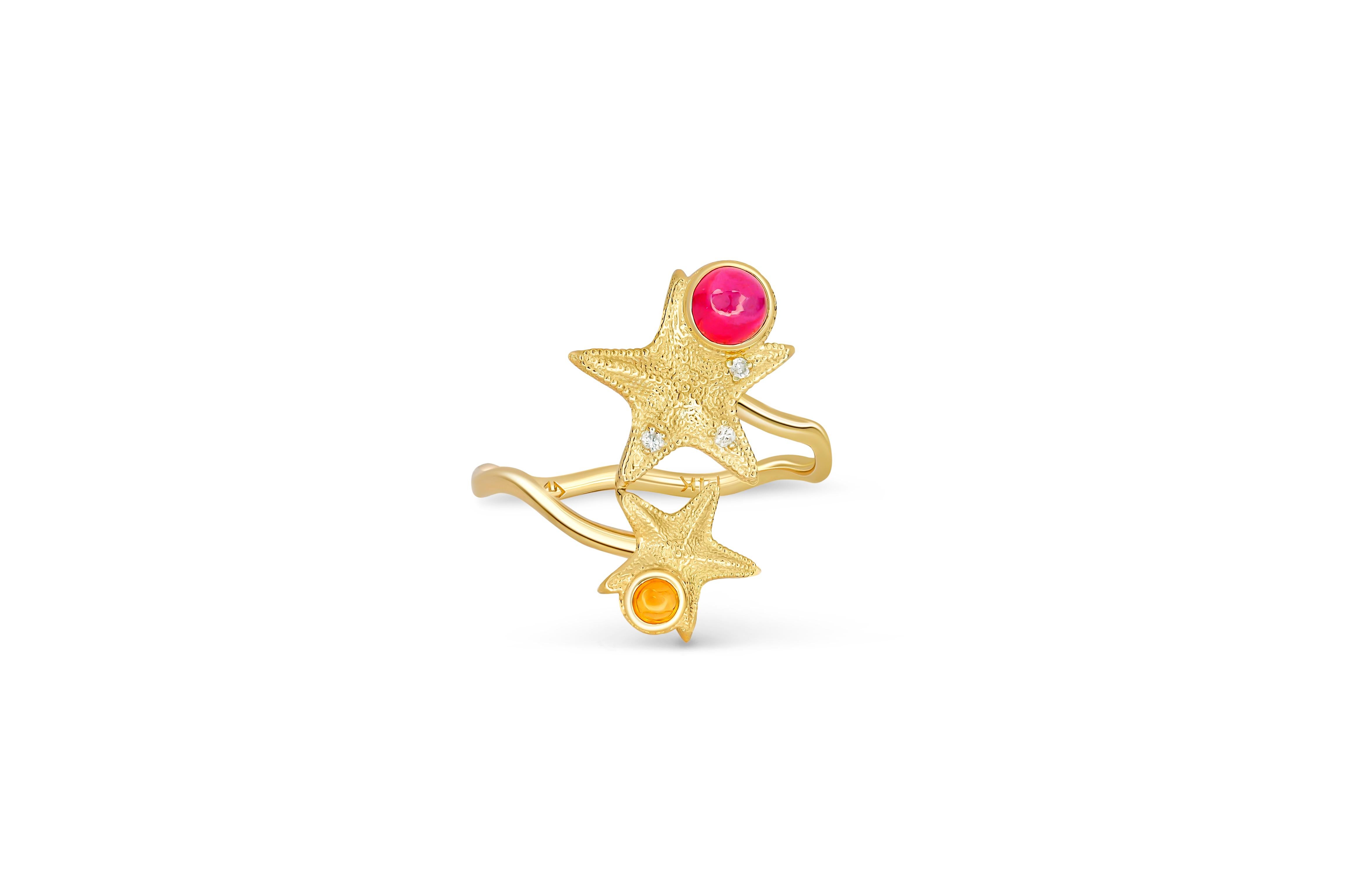 Starfish gemstone ring. 
Ruby, Sapphire 14k Gold Ring. Star fish ring with ruby, sapphire. Summer gold ring. Cabochone gold ring.

Metal: 14k gold
Weight: 2.10 g. depends from size.

Ruby: color - red
Round cabochon cut, 0.55 ct. approx
Clarity:
