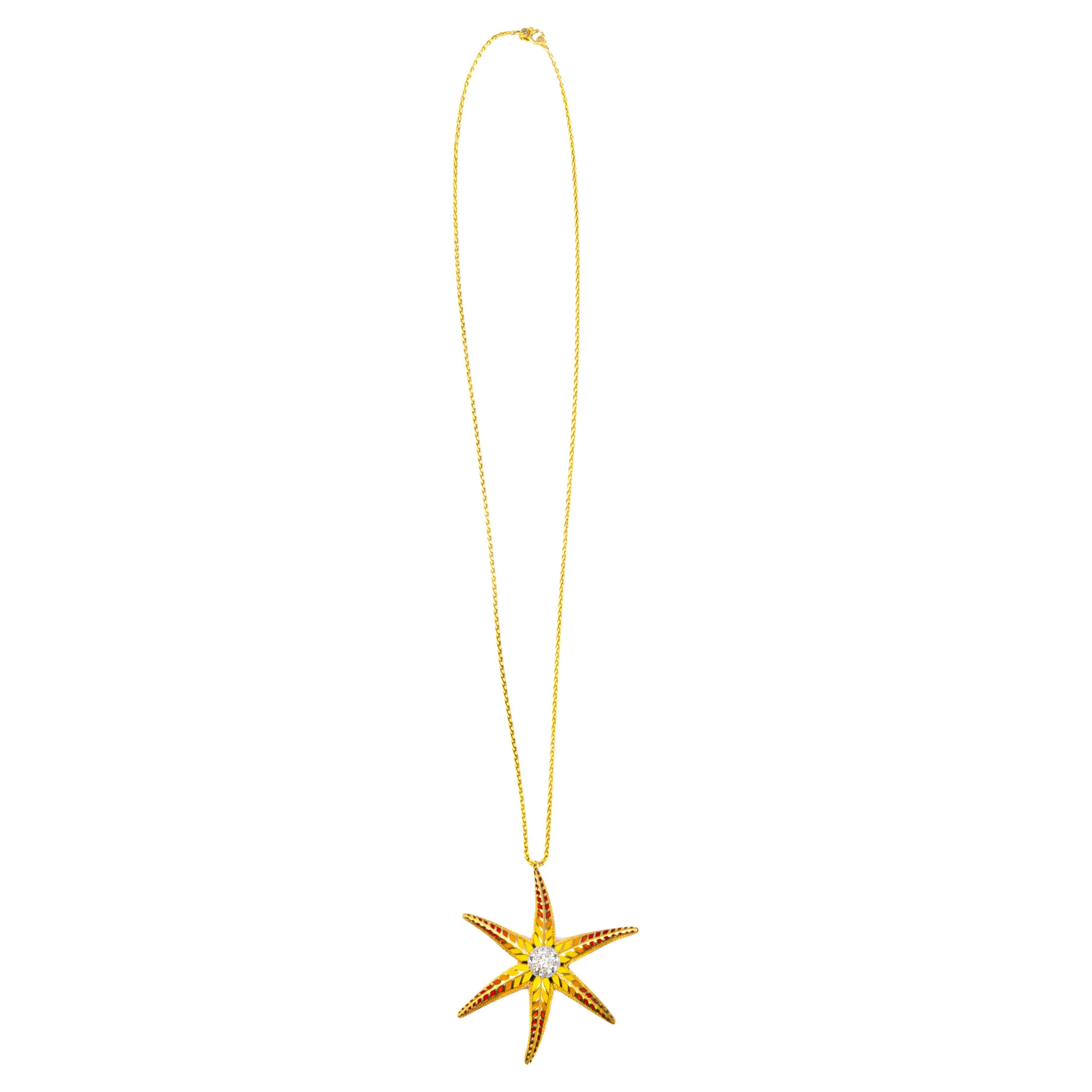 Starfish Motif Enamel and Diamond Pendant Necklace
