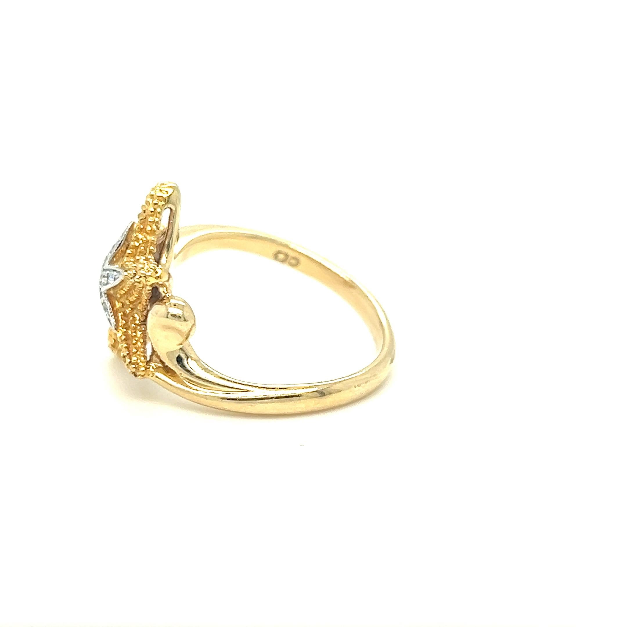 Round Cut Starfish Ocean Inspired Diamond Ring 14k Yellow Gold For Sale