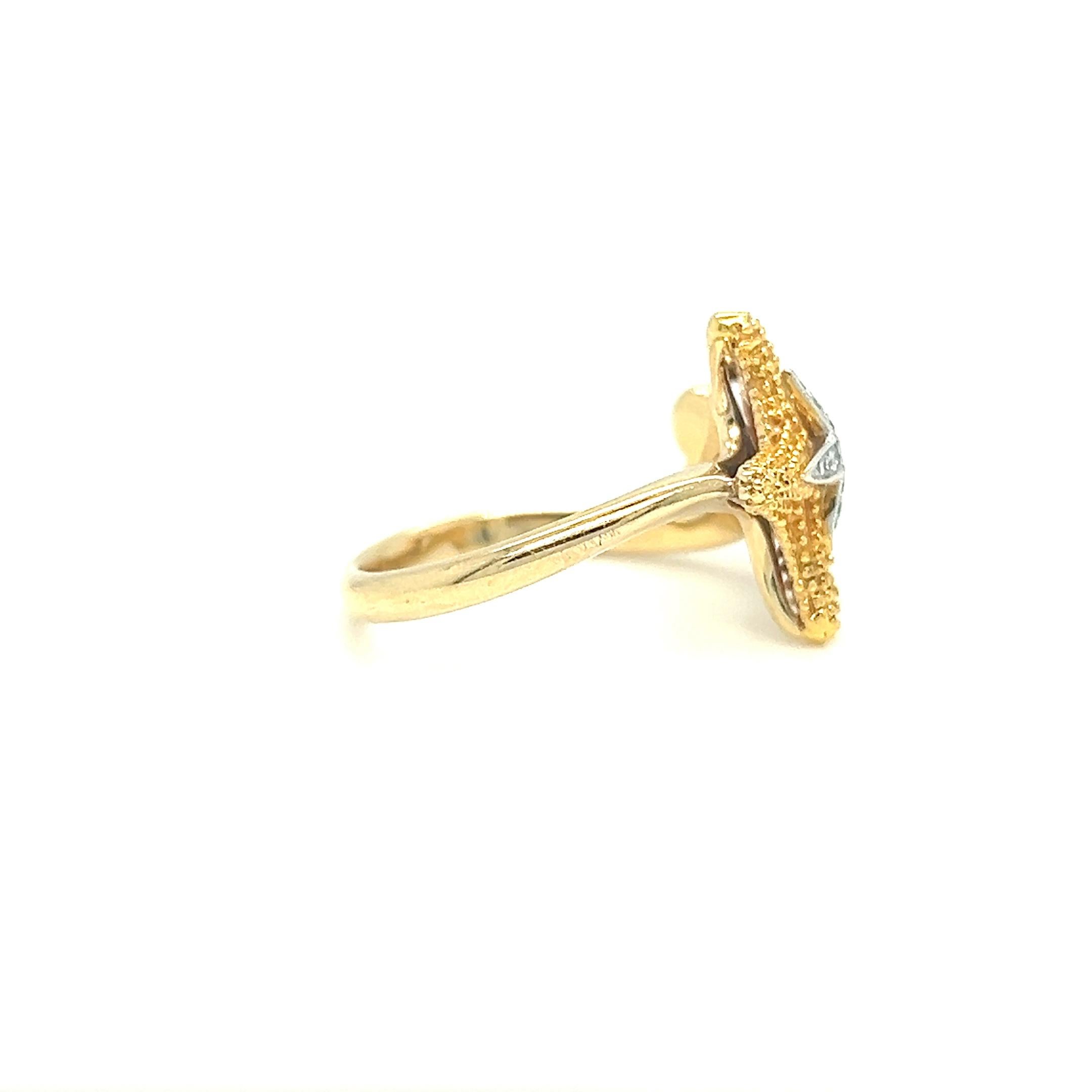 Women's or Men's Starfish Ocean Inspired Diamond Ring 14k Yellow Gold For Sale
