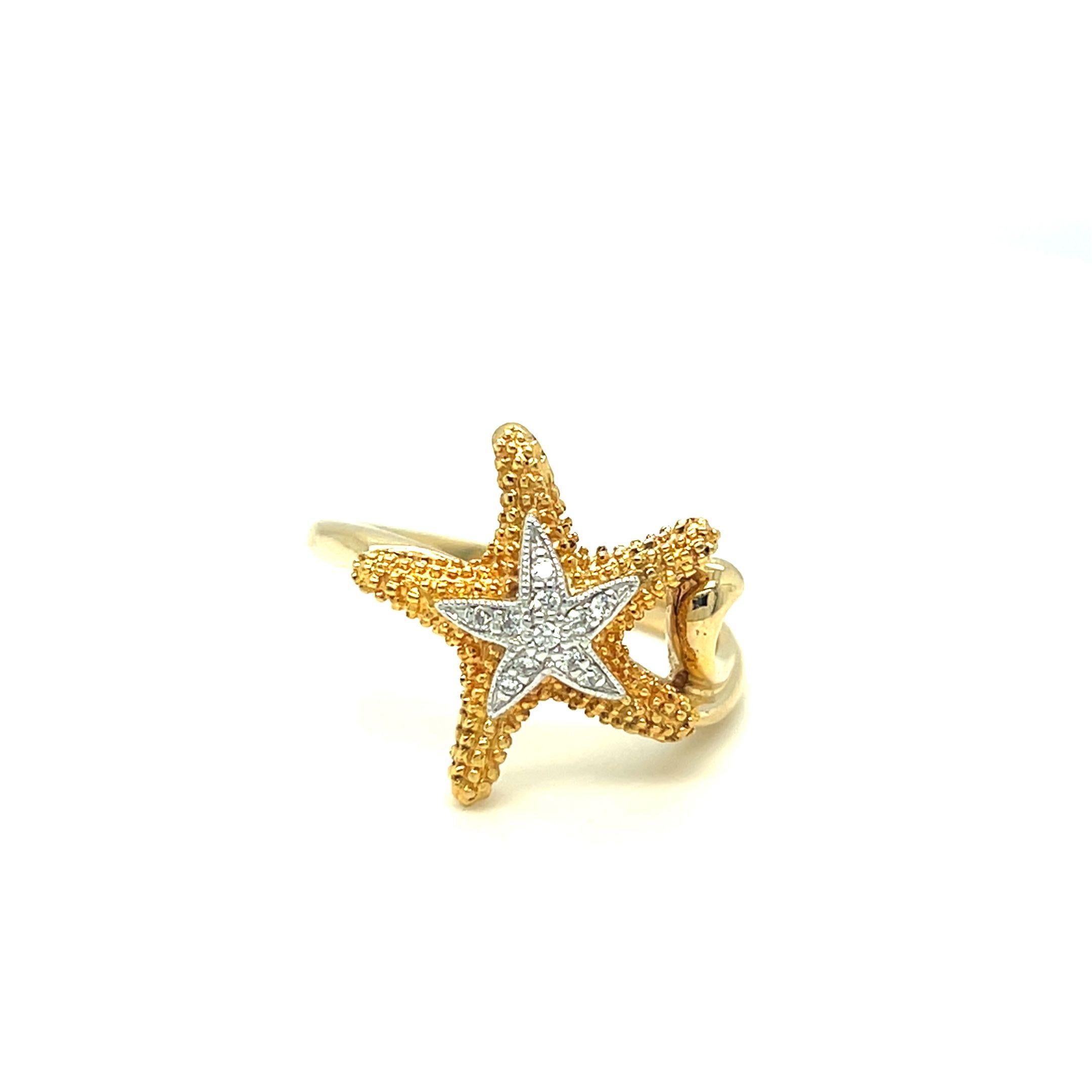 Starfish Ocean Inspired Diamond Ring 14k Yellow Gold For Sale 1