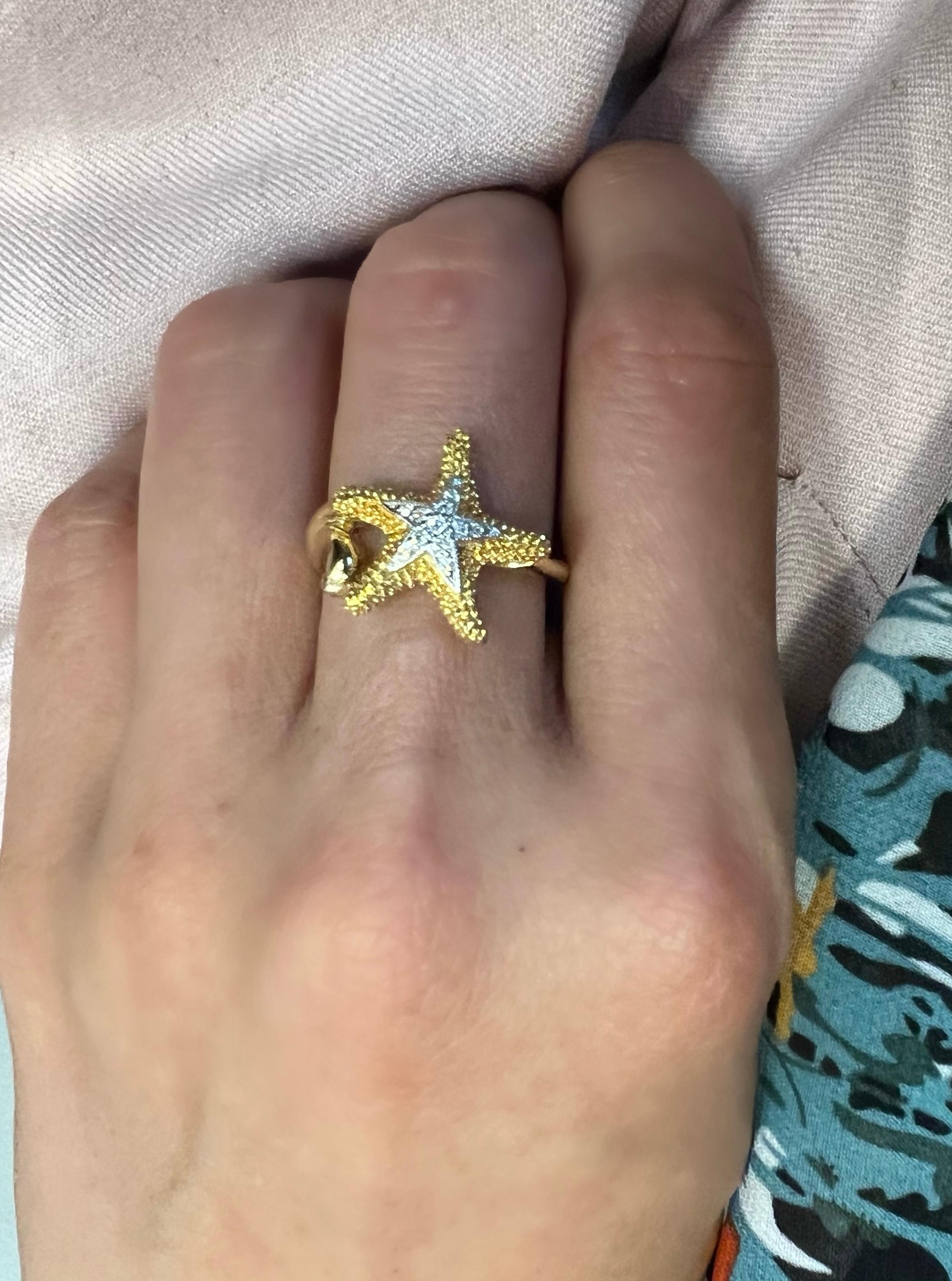 Starfish Ocean Inspired Diamond Ring 14k Yellow Gold For Sale 2