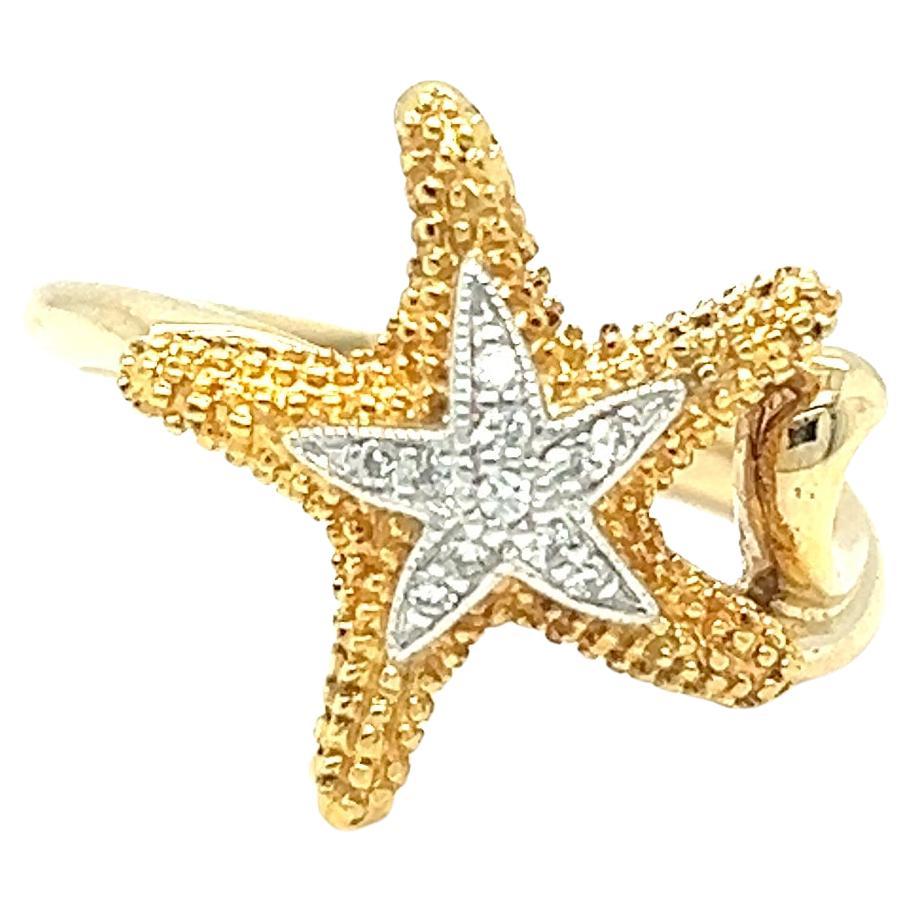 Starfish Ocean Inspired Diamond Ring 14k Yellow Gold For Sale
