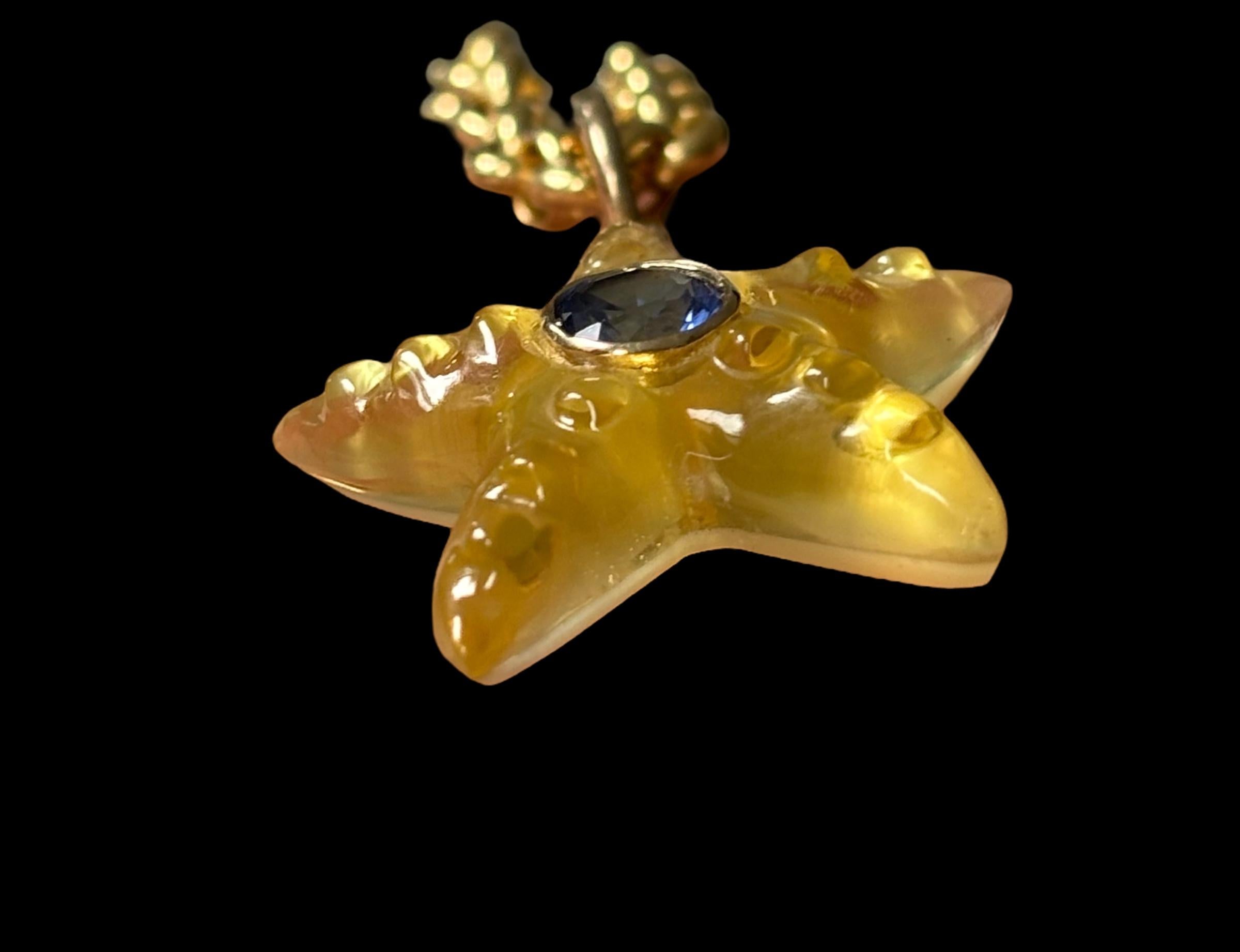 da uomo o donna Ciondolo a forma di pesce stella, quarzo limone, zaffiro blu e oro 14k in vendita