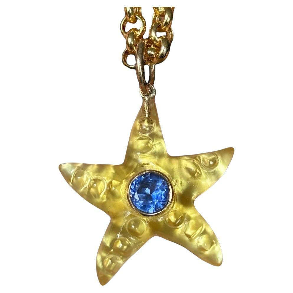 Pendentif Starfish, quartz citron, saphir bleu et or 14k