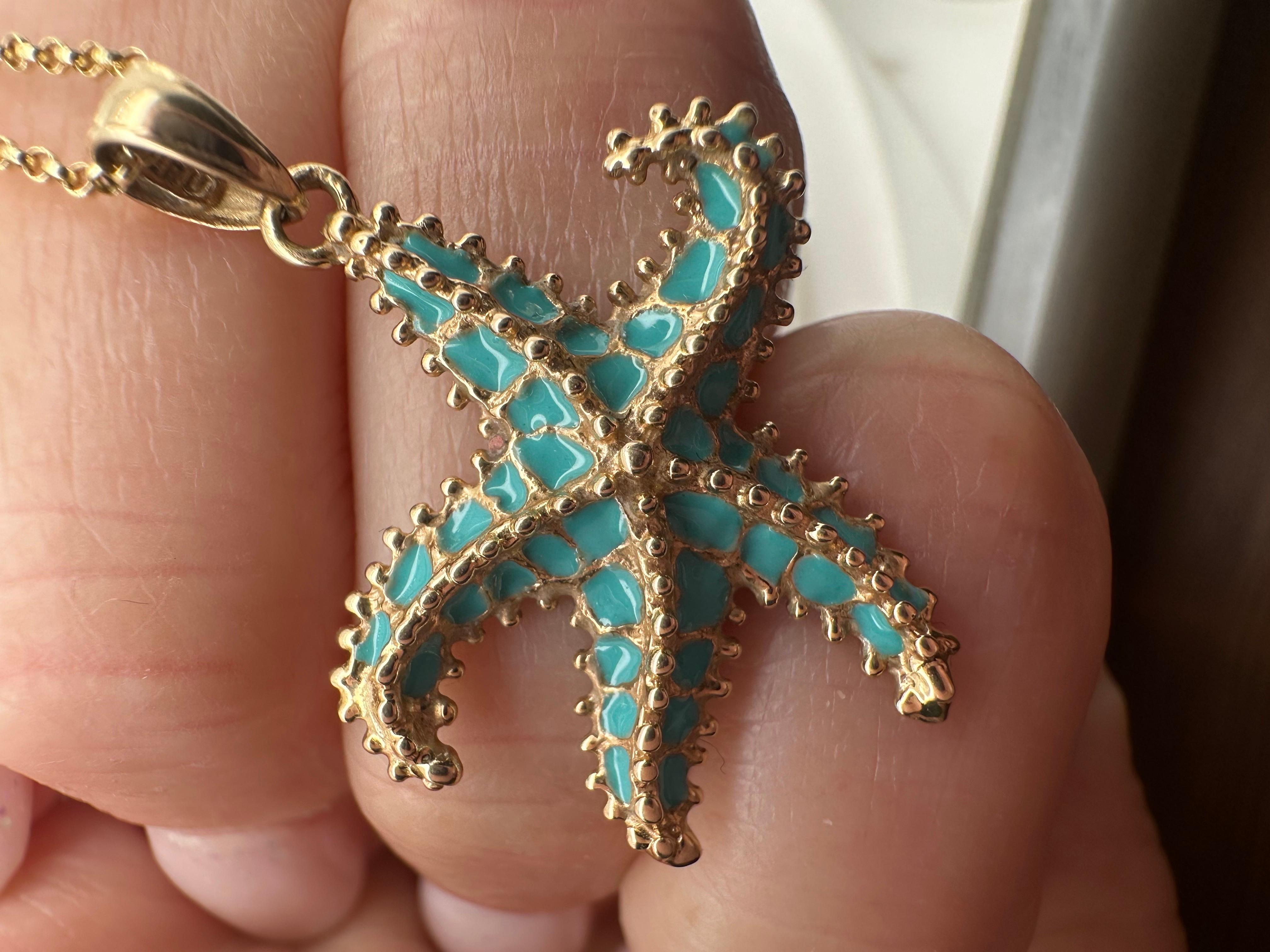 Starfish pendant necklace 14KT yellow gold enamel handmade sea pendant For Sale 1