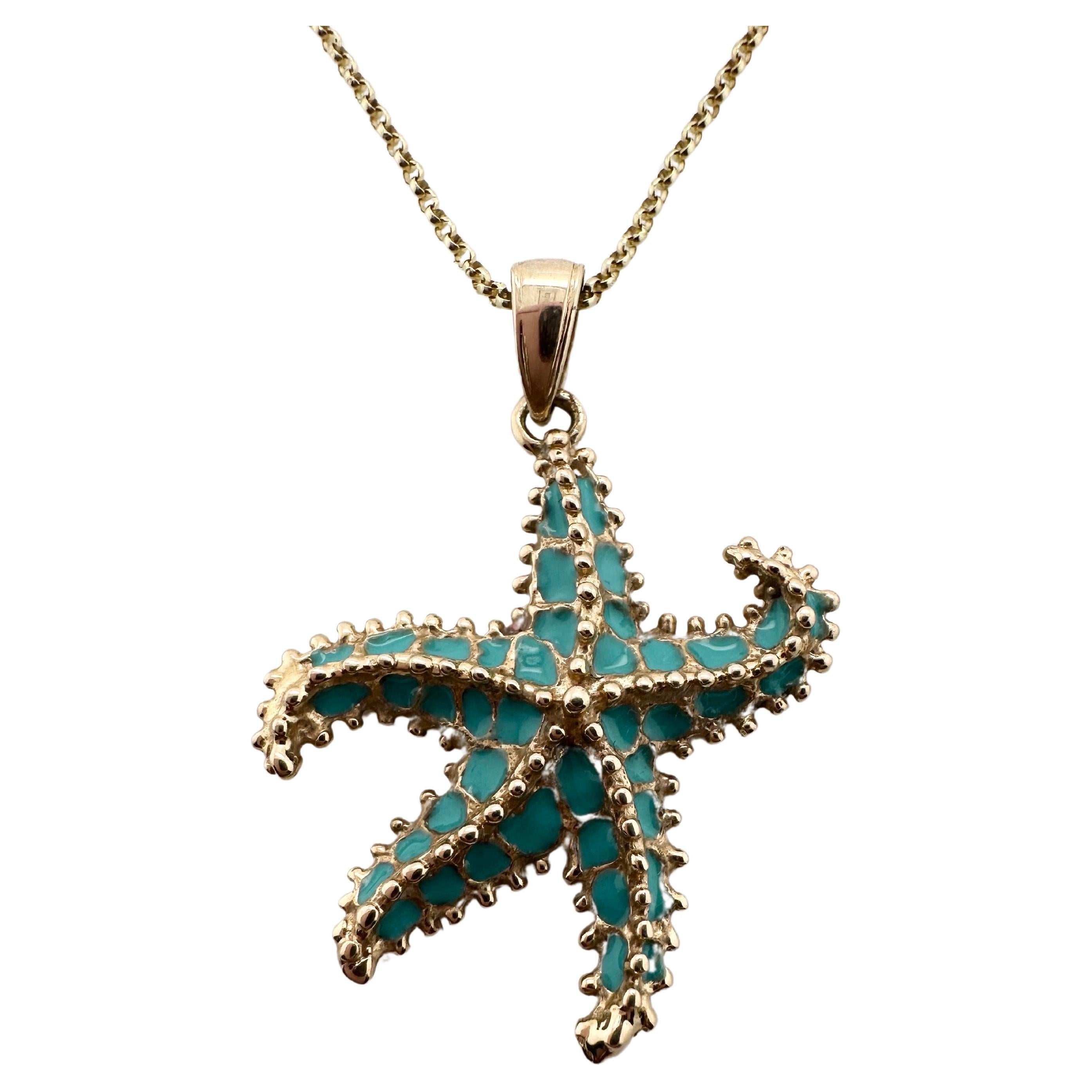 Starfish pendant necklace 14KT yellow gold enamel handmade sea pendant For Sale