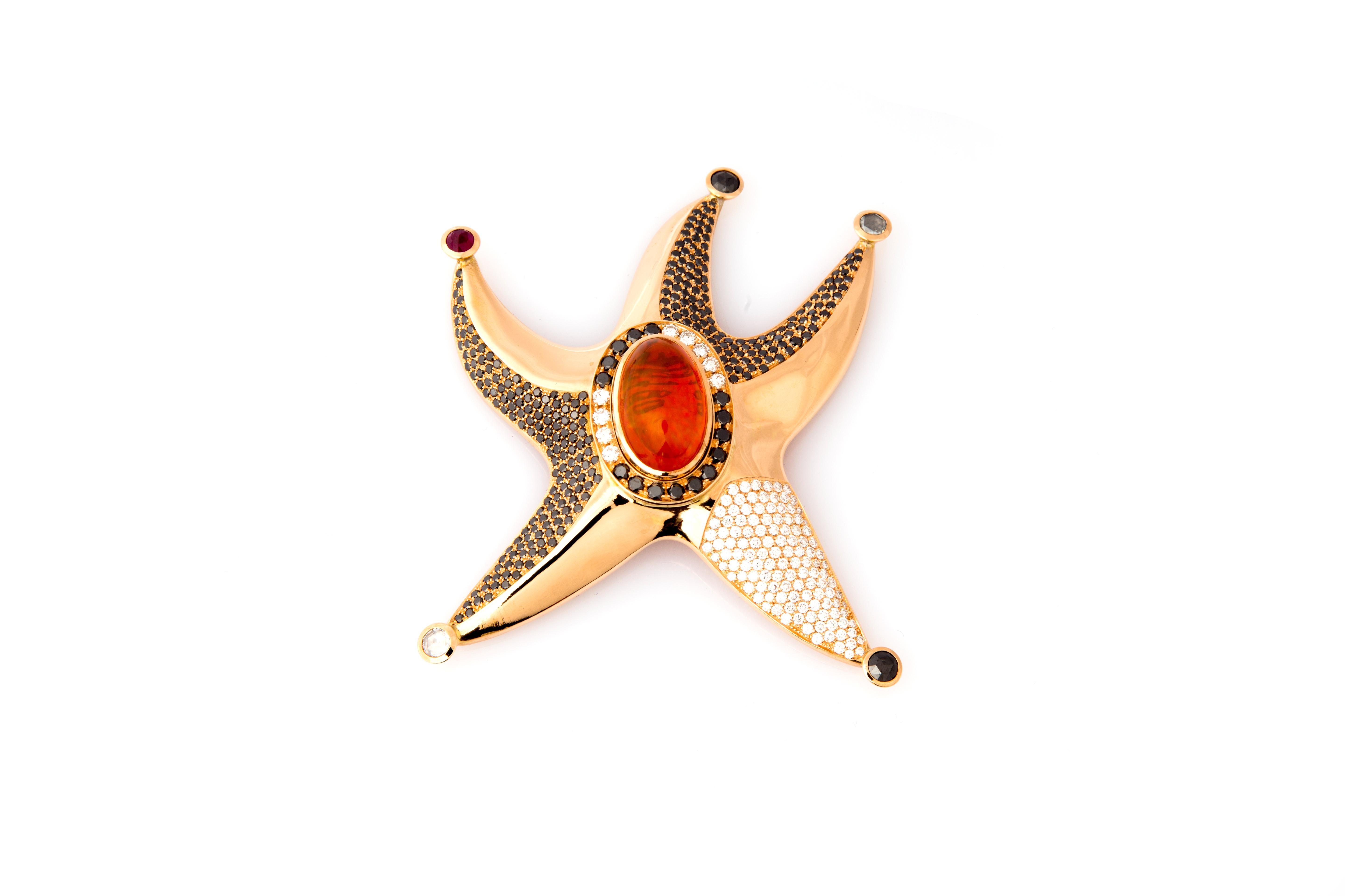 Starfish Pendant (or Brooch)
Fire Opal 15,8ct with colour play
Diamonds White 4,05ct tw/vs
Black Diamonds 4,50ct
Diamonds White (rose cut) 1,05ct
Rubies 0,64ct
Red Gold 18K 
- can also be transfomed into a brooch (takes approx 2 weeks without